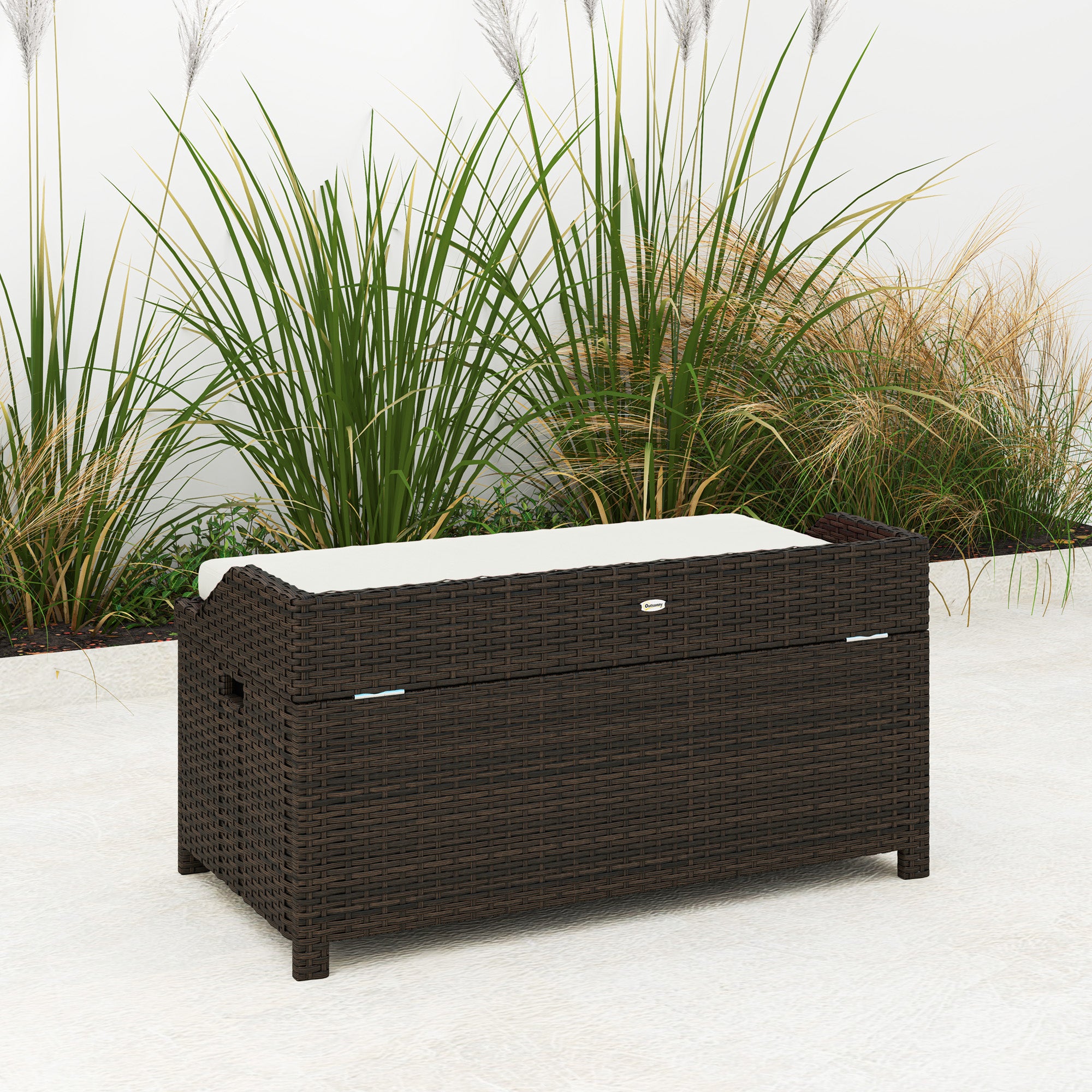 Outdoor Wicker Storage Bench with Storage & Cushion