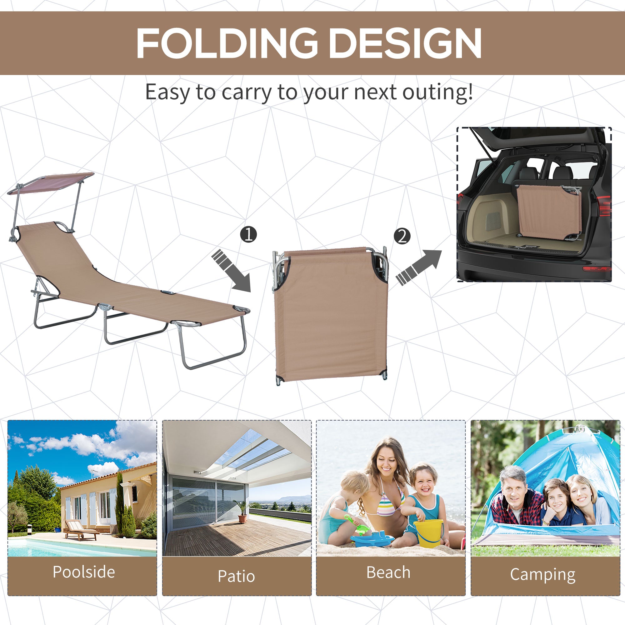 Outdoor Pool Chaise Lounge Chair, Folding Tanning Chair with Sun Shade