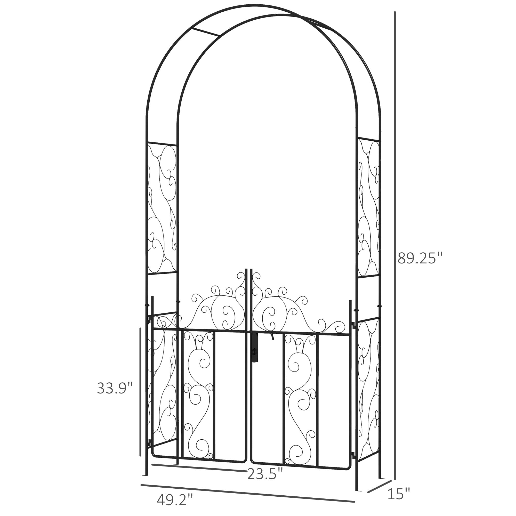 89.25" Metal Garden Arch with Gate, Garden Arbor Trellis for Climbing Plants, Roses, Vines, Wedding Arch, Black