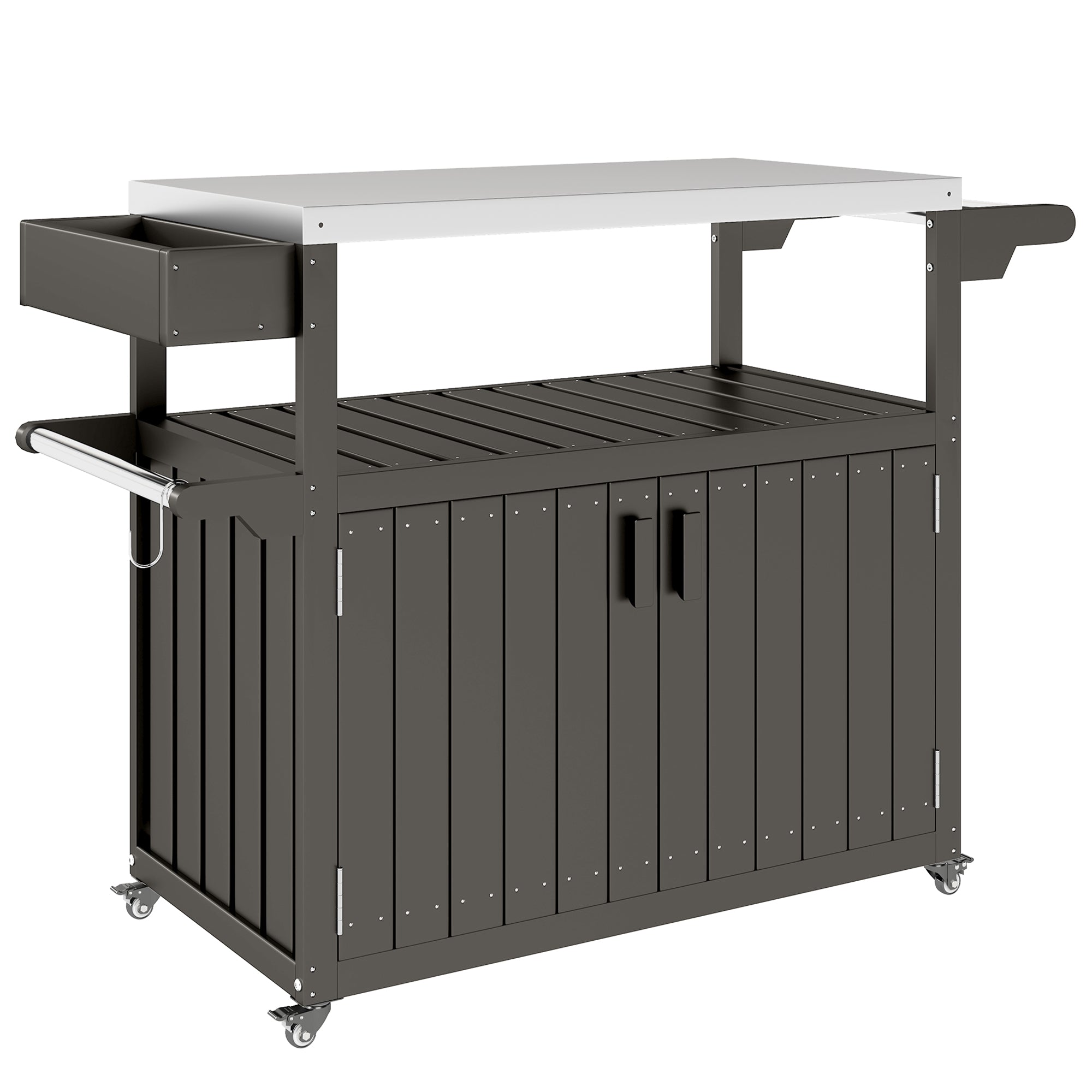 Outdoor Bar Cart with Storage, Stainless Steel Outdoor Bar Table Top, Wheeled HDPE Kitchen Island for Food Prep