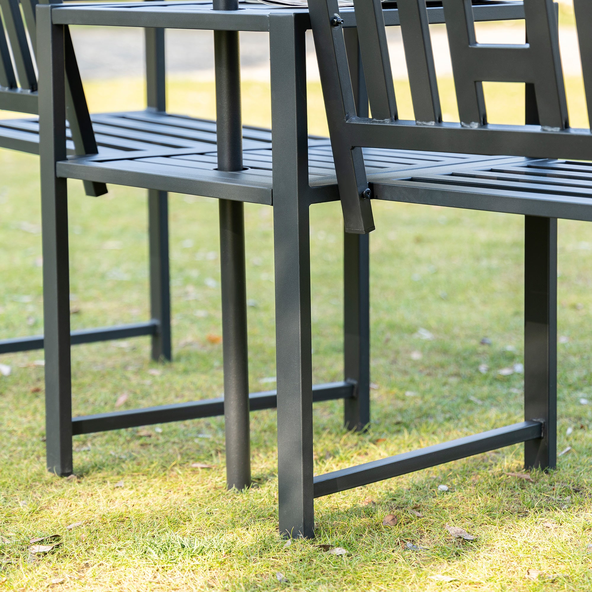 Metal Garden Bench with Middle Table and Umbrella Hole, 2-in-1 Double Patio Chairs, Outdoor 2-person Tete-a-Tete, Slatted, Black