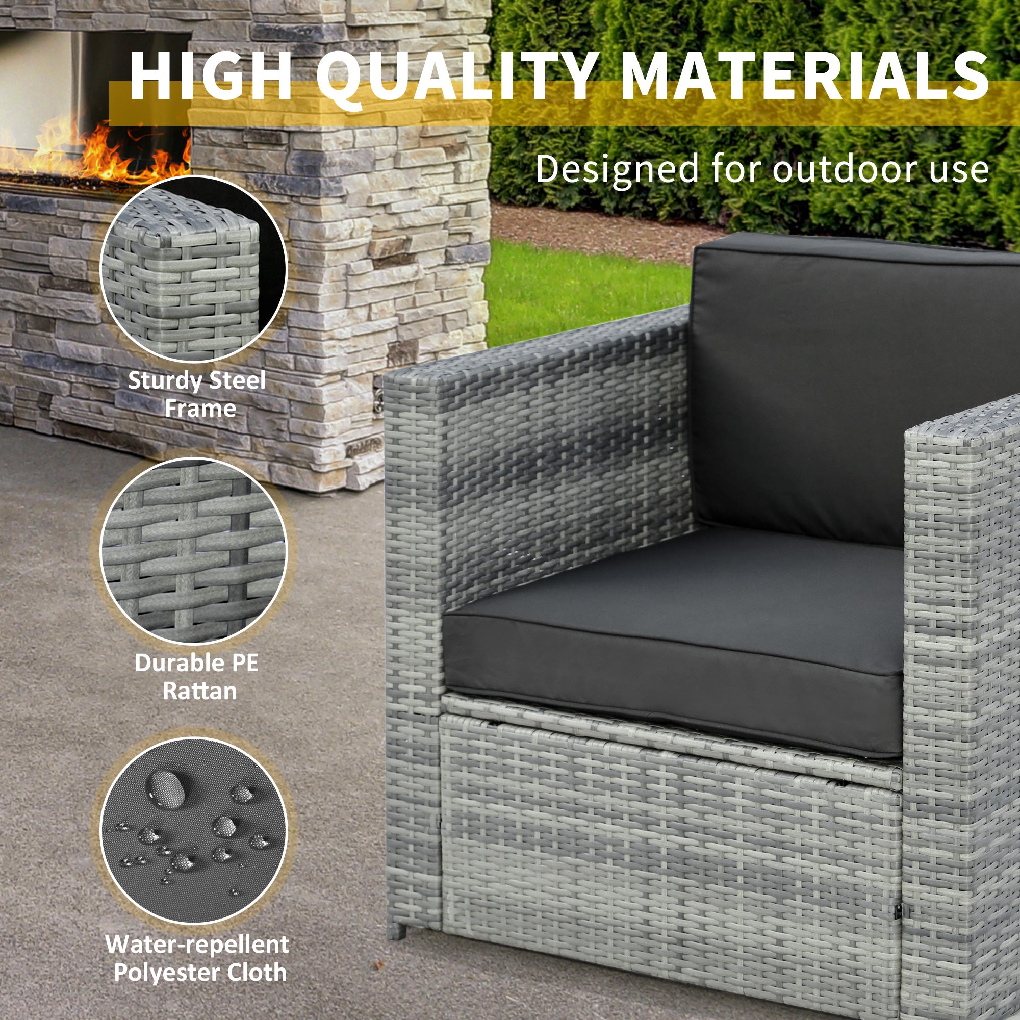 Wicker Bistro Patio Set, 2 Porch Chairs & Glass Table, Black