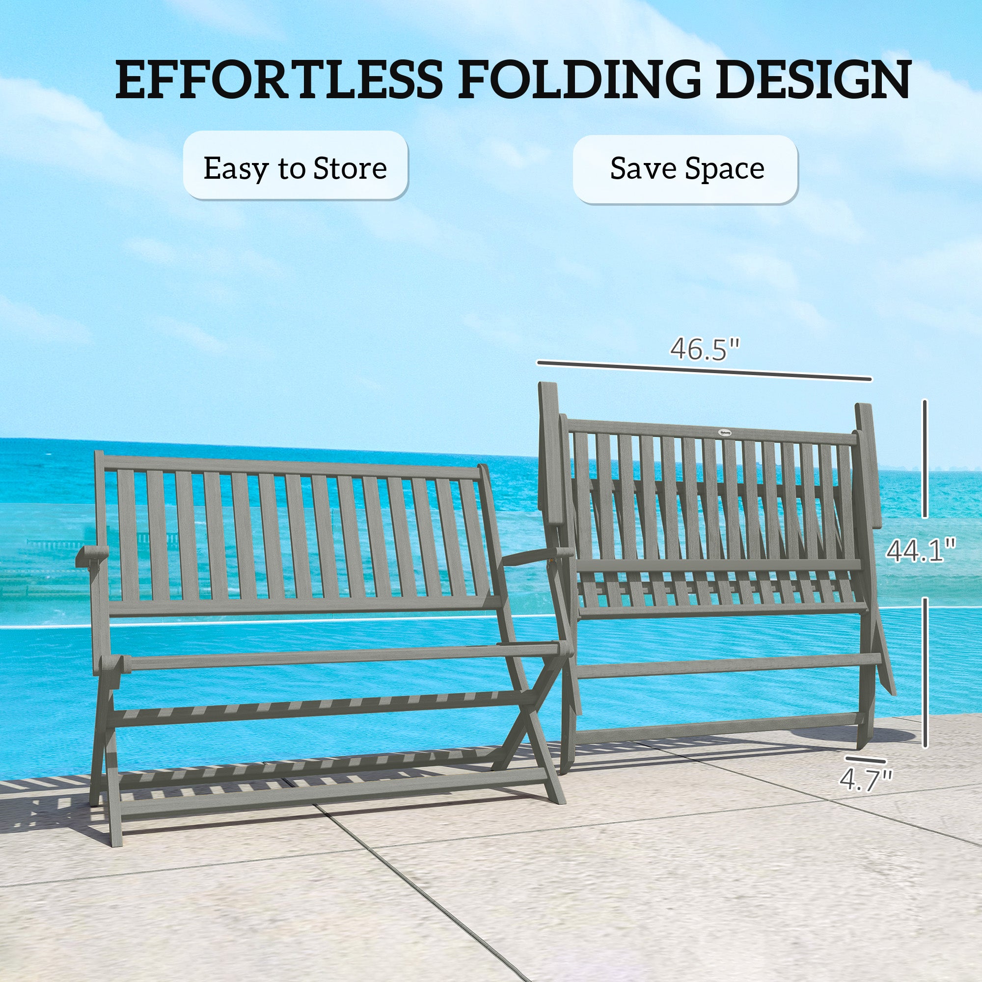 2-Person Foldable Wood Outdoor Bench with Backrest and Armrests for Garden, Porch, Park, Balcony