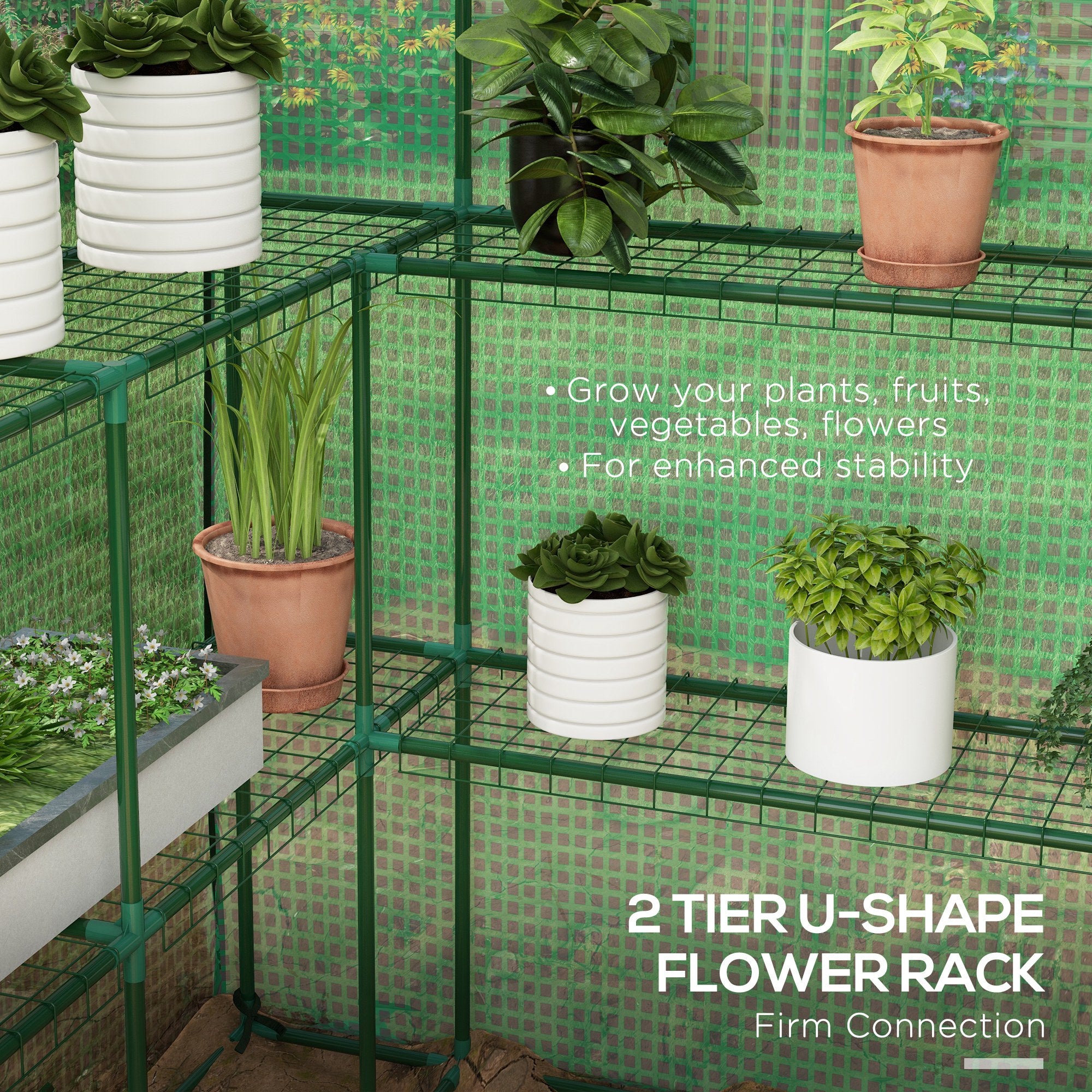 4.6' x 4.7' Portable Greenhouse, Water/UV Resistant Walk-In Small Outdoor Green House with 2 Tier U-Shaped Flower Rack Shelves, Roll Up Door & Windows