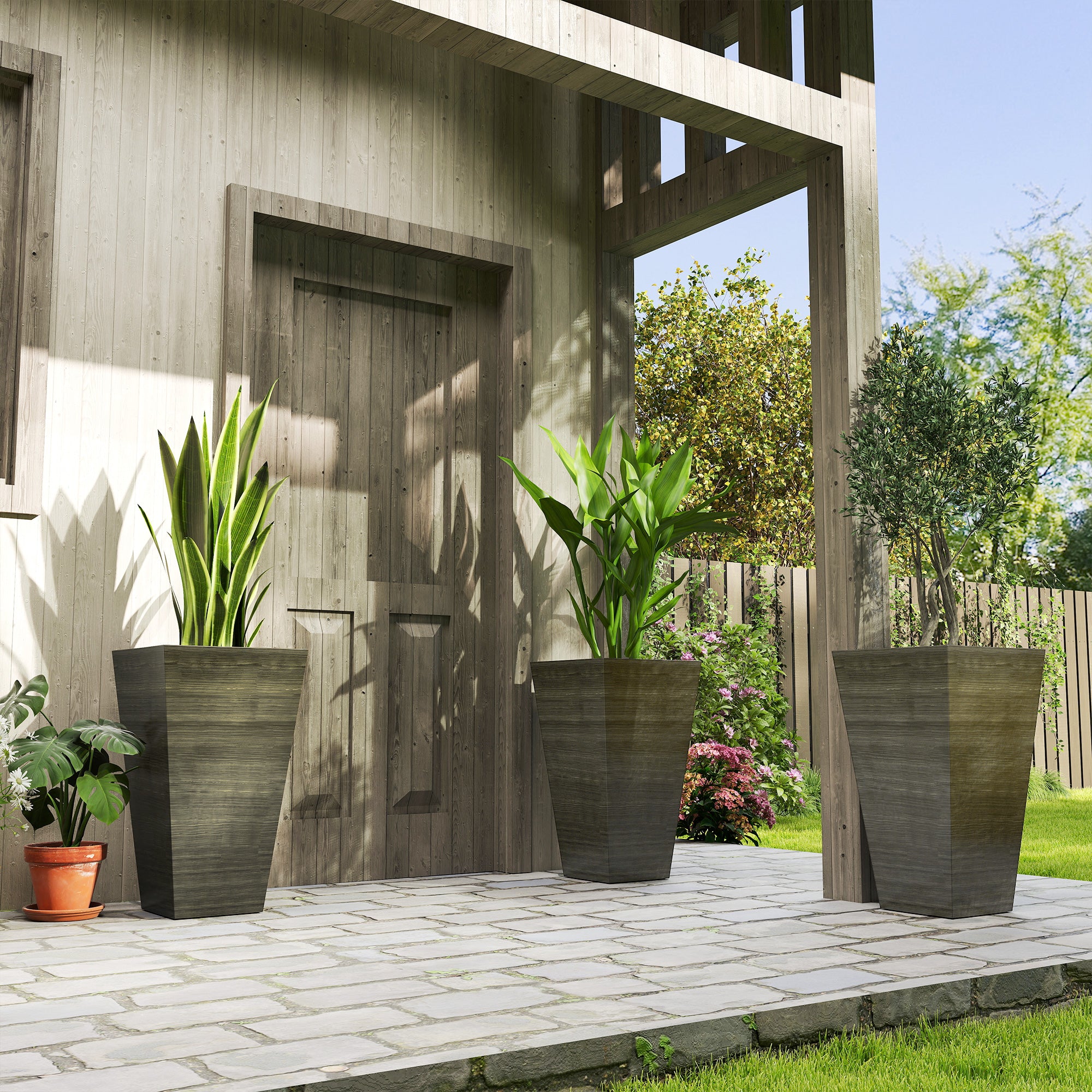 Set of 3 Tall Planters, 28" Outdoor Planter w/ Drainage Holes, Faux Wood Plastic Flower Pots