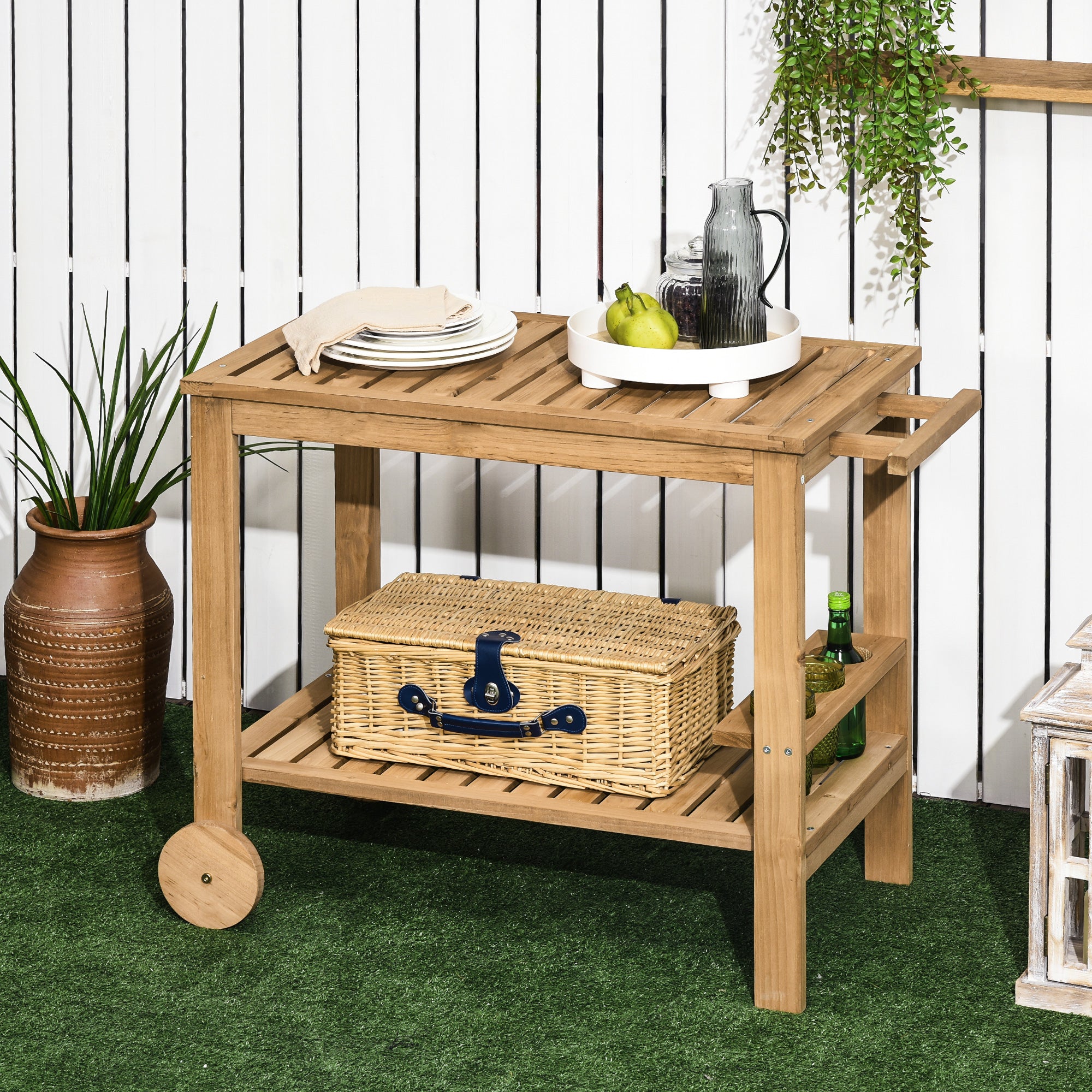 Outdoor Bar Cart, Wood Rolling Home Bar & Serving Cart ,2 Shelves, Wine Bottle Holders for Garden, Dining Room, Natural