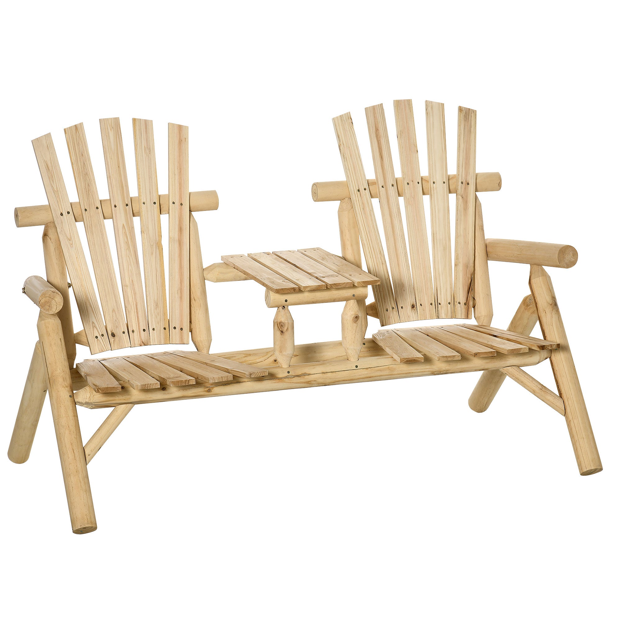 2-Seat Wooden Adirondack Chair, Patio Bench with Table, Outdoor Loveseat Fire Pit Chair for Porch, Backyard, Deck