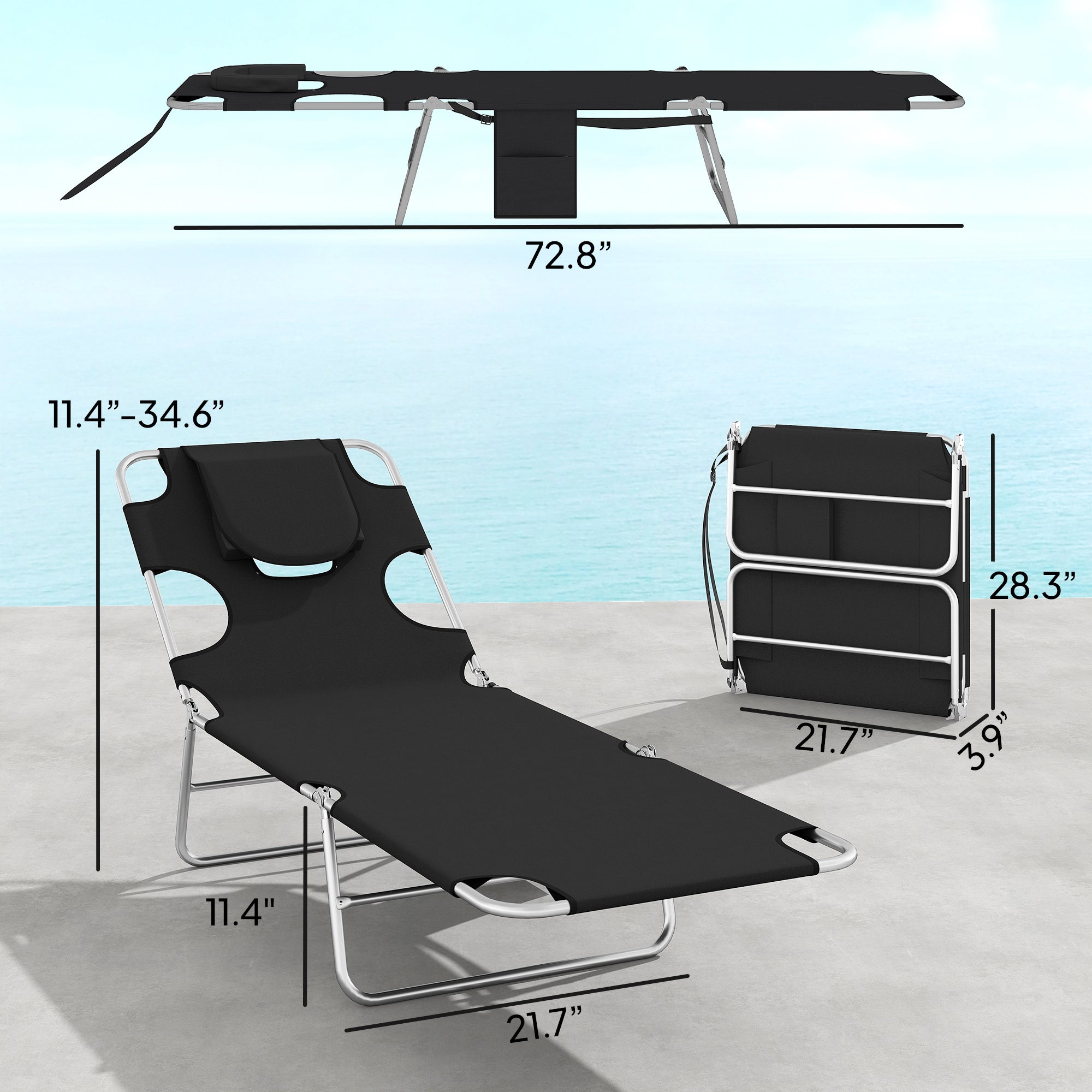 2 Tanning Chairs with Face Hole, 5-Level Adjustable Outdoor Chaise Lounge Chair with Pillow for Beach, Pool