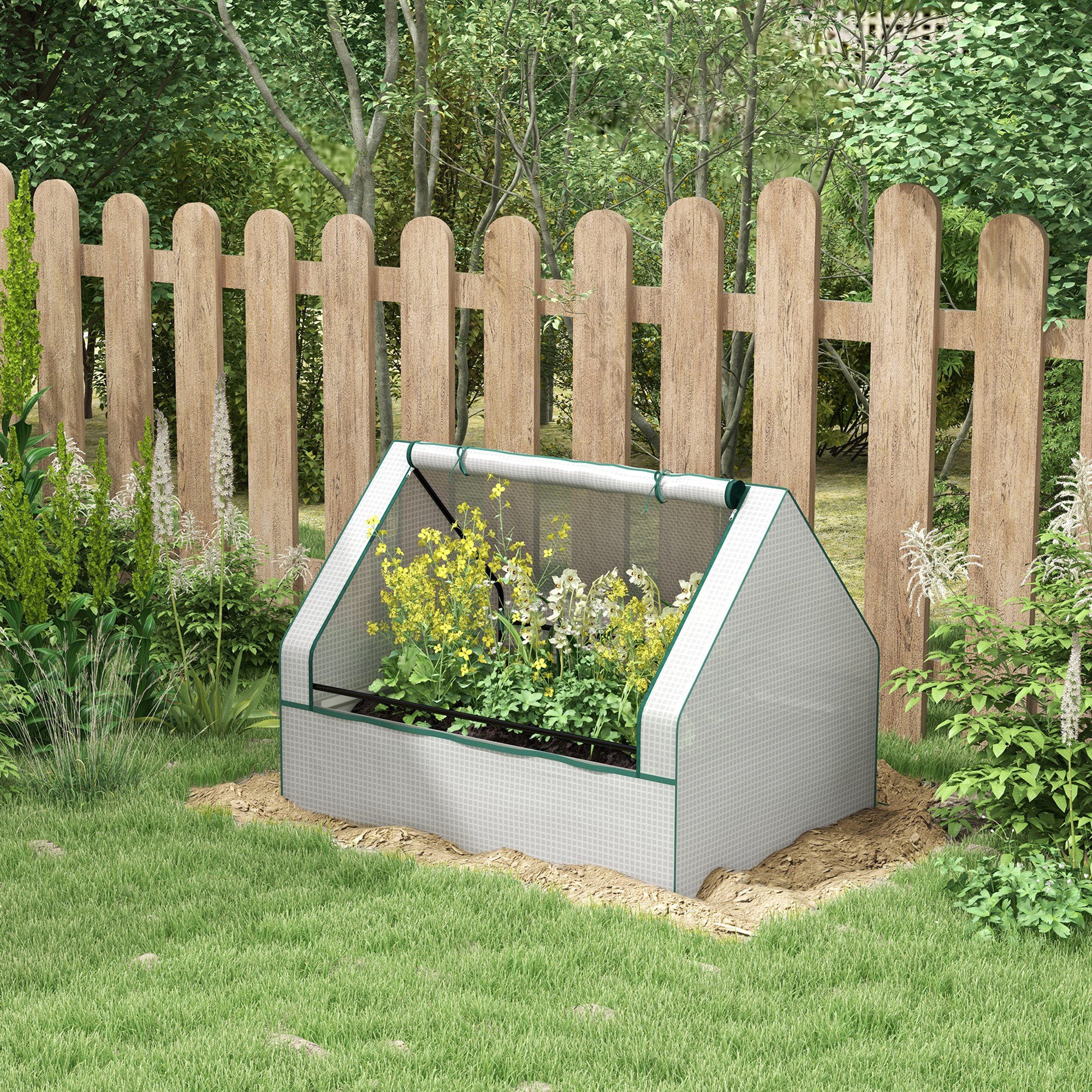 Raised Garden Bed, Outdoor Metal Planter Box with Mini Greenhouse, White and Silver