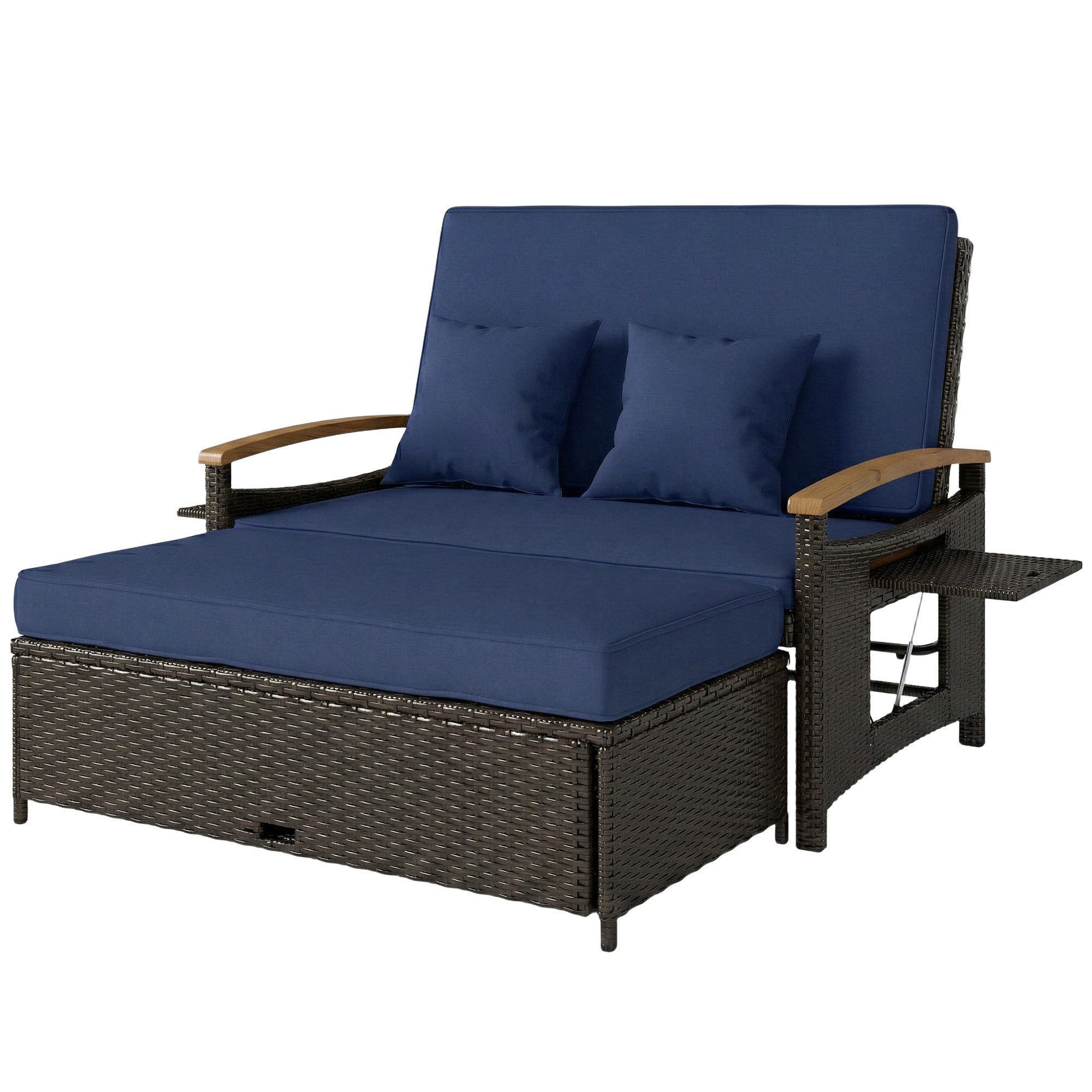 Rattan Outdoor Daybed w/4-Level Adjustable Backrest, Patio Sofa Bed w/Storage Ottoman, Acacia Wood Armrest