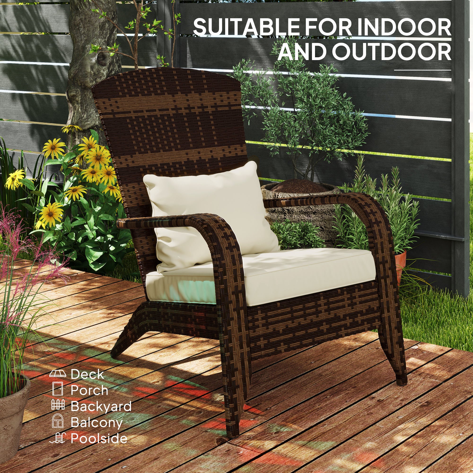 Patio Adirondack Chair with Rattan Wicker, Soft Cushions, Tall Curved Backrest for Deck or Garden