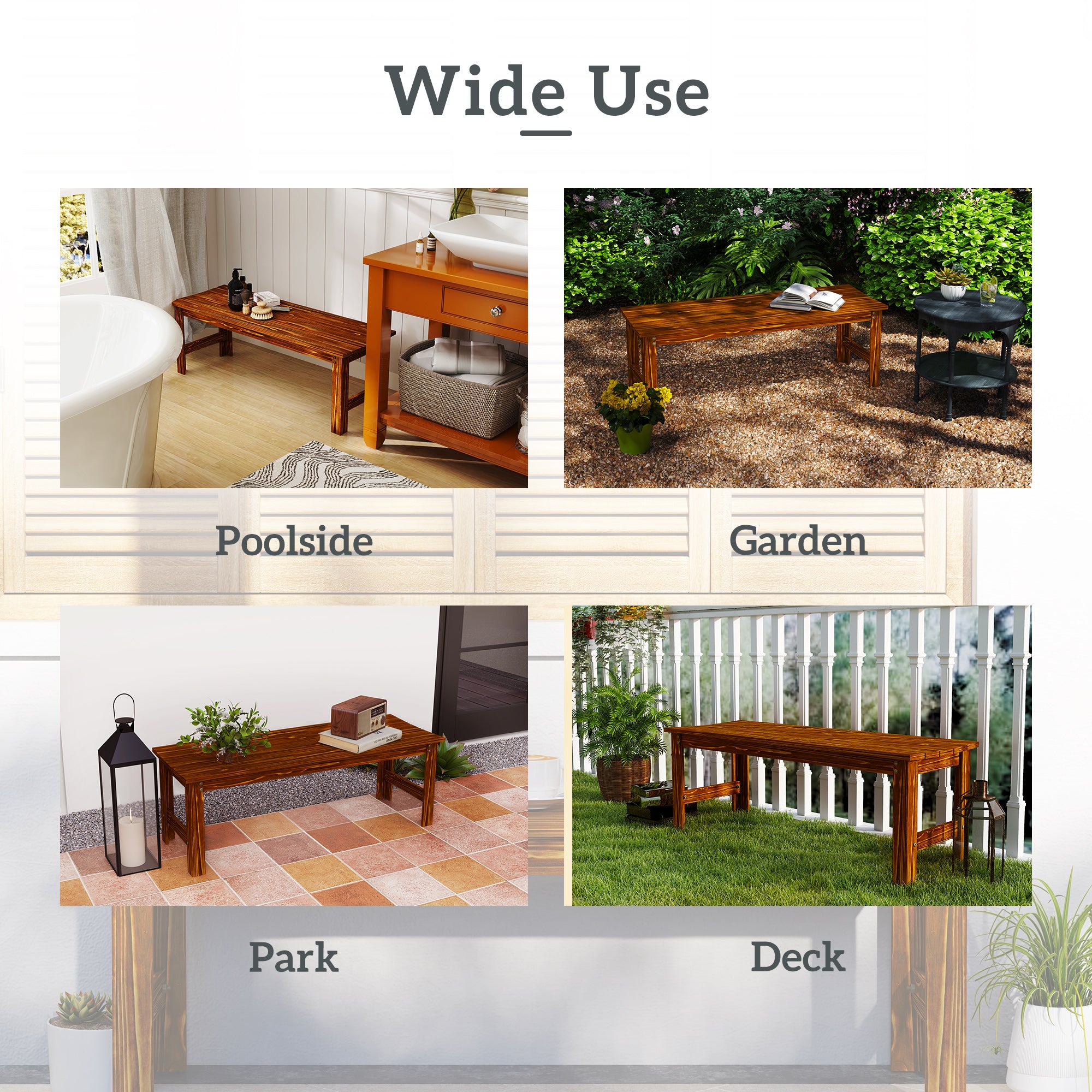 2-Seat Wood Garden Bench, Patio Bench Outdoor Bench with Slatted Seat, Backless Front Porch Bench for Park, Garden, Poolside, Deck
