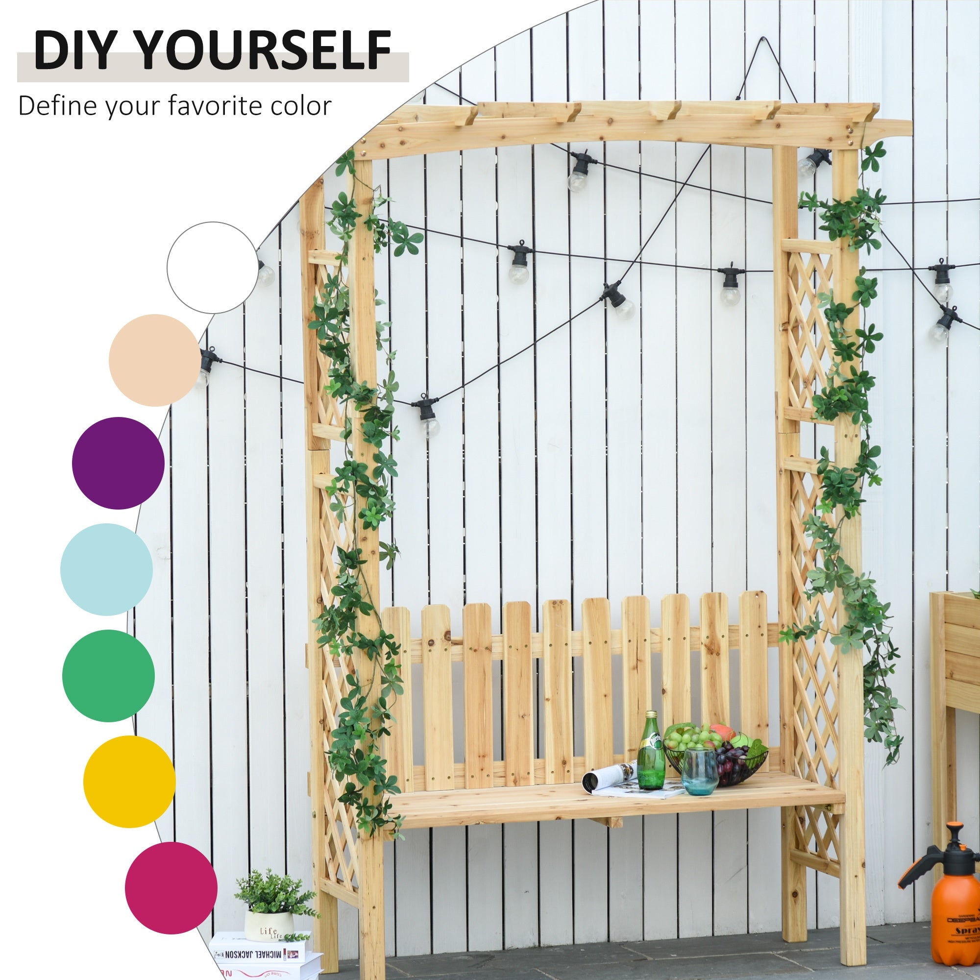 Outdoor Garden Bench Arch Pergola with Natural Fir Wood Build, Protective Varnish, & 2 Person Ergonomic Bench
