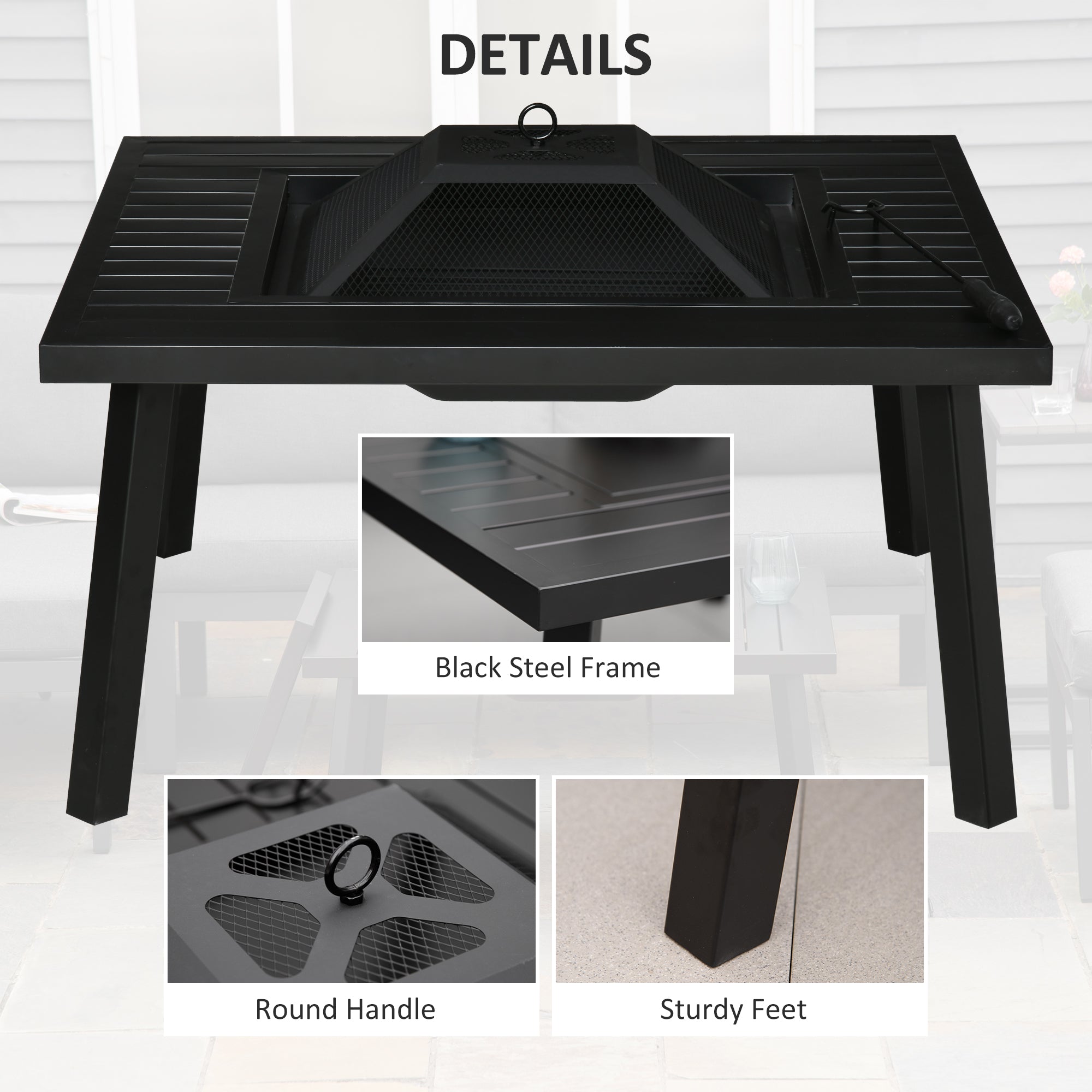 34" Fire Pit with Grill, Metal Outdoor Wood Burning Firepit with Spark Screen, Fire Poker, Cover, Table Lip, Black