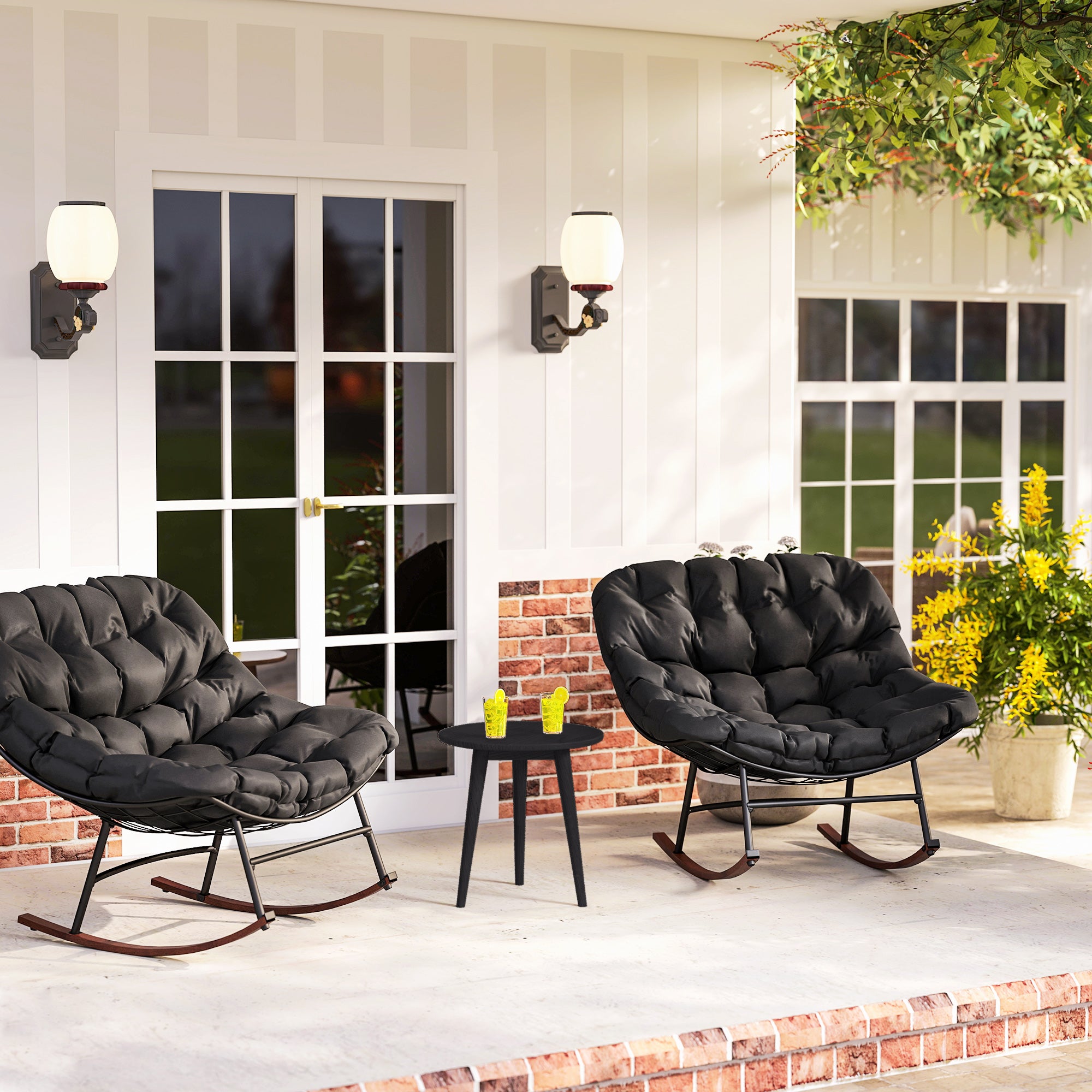 Outdoor Rocking Chair Patio Set of 2, Oversized Rocking Papasan Chairs with Cushions for Garden Porch, 265 lbs.