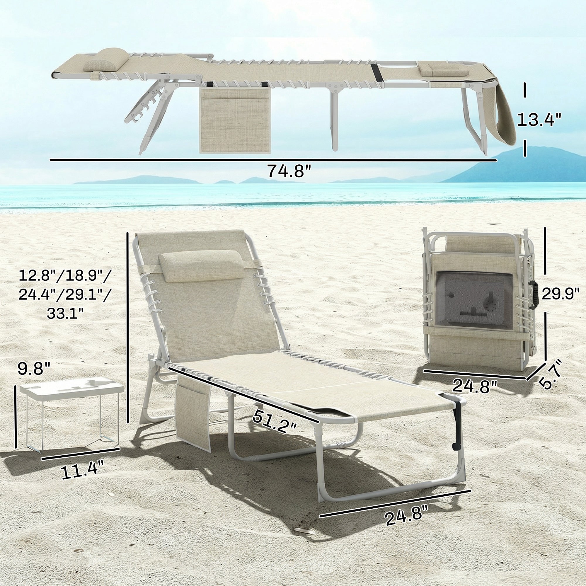 Tanning Chair Set of 2 with Face Hole and Side Table, 5-Position Folding Outdoor Chaise Lounge Chair