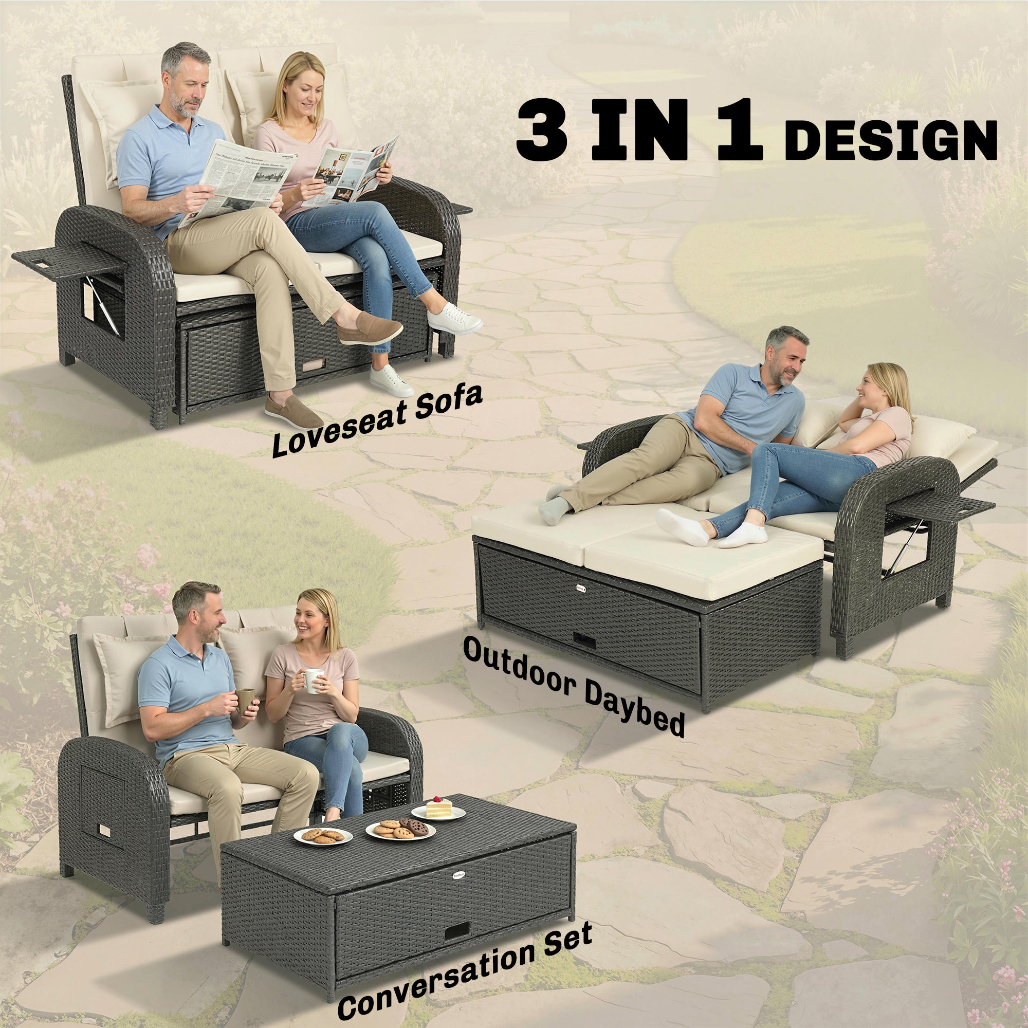 Patio Rattan Daybed, Wicker Outdoor Daybed with Storage Ottoman, Loveseat w/ Adjustable Backrest