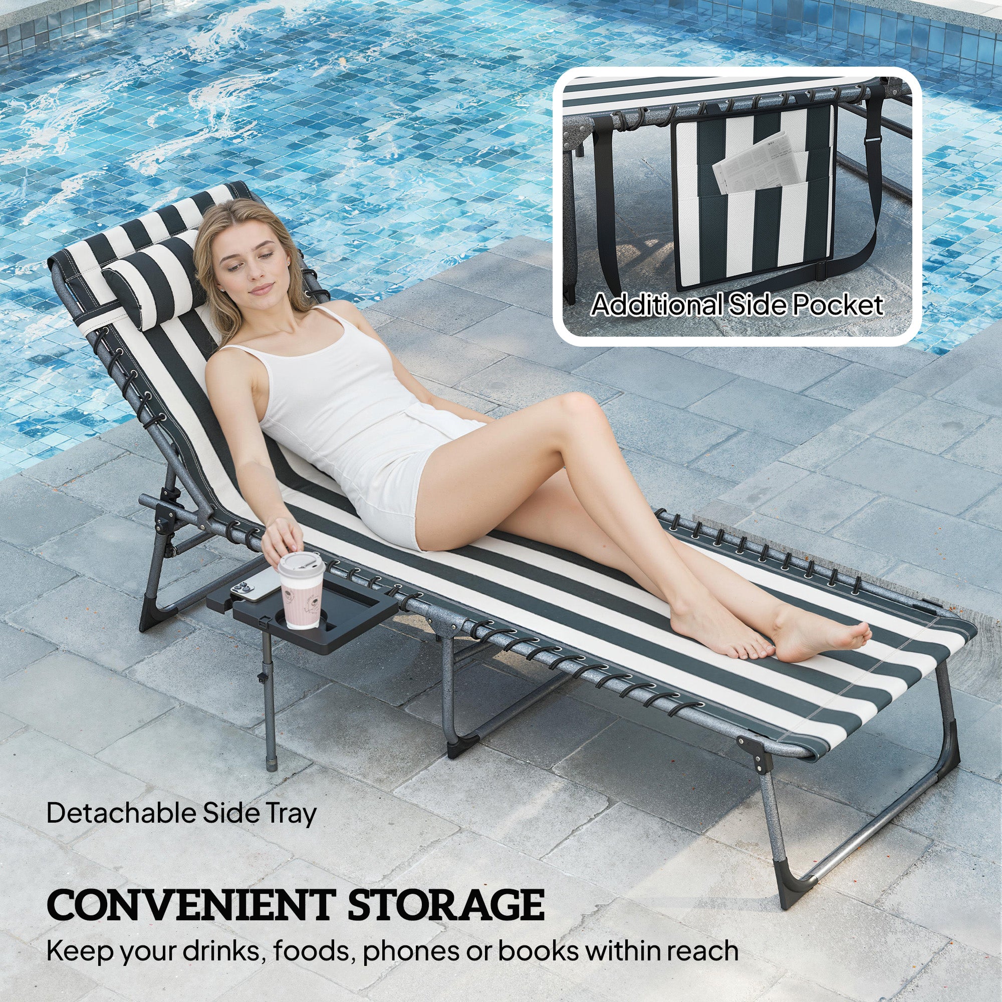 Folding Outdoor Chaise Lounge Chair Tanning Chair with 5-Level Adjustable Back, Side Table, Pillow, Pocket
