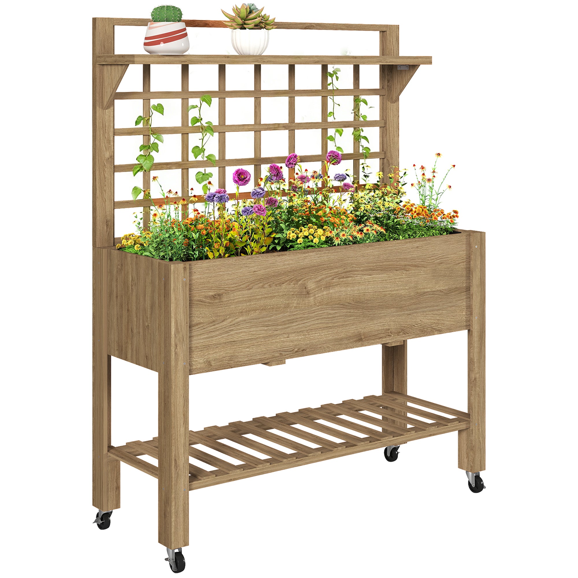 41" Raised Garden Bed Mobile Elevated Wooden Planter Box Stand with Wheels, Trellis and Storage Shelf