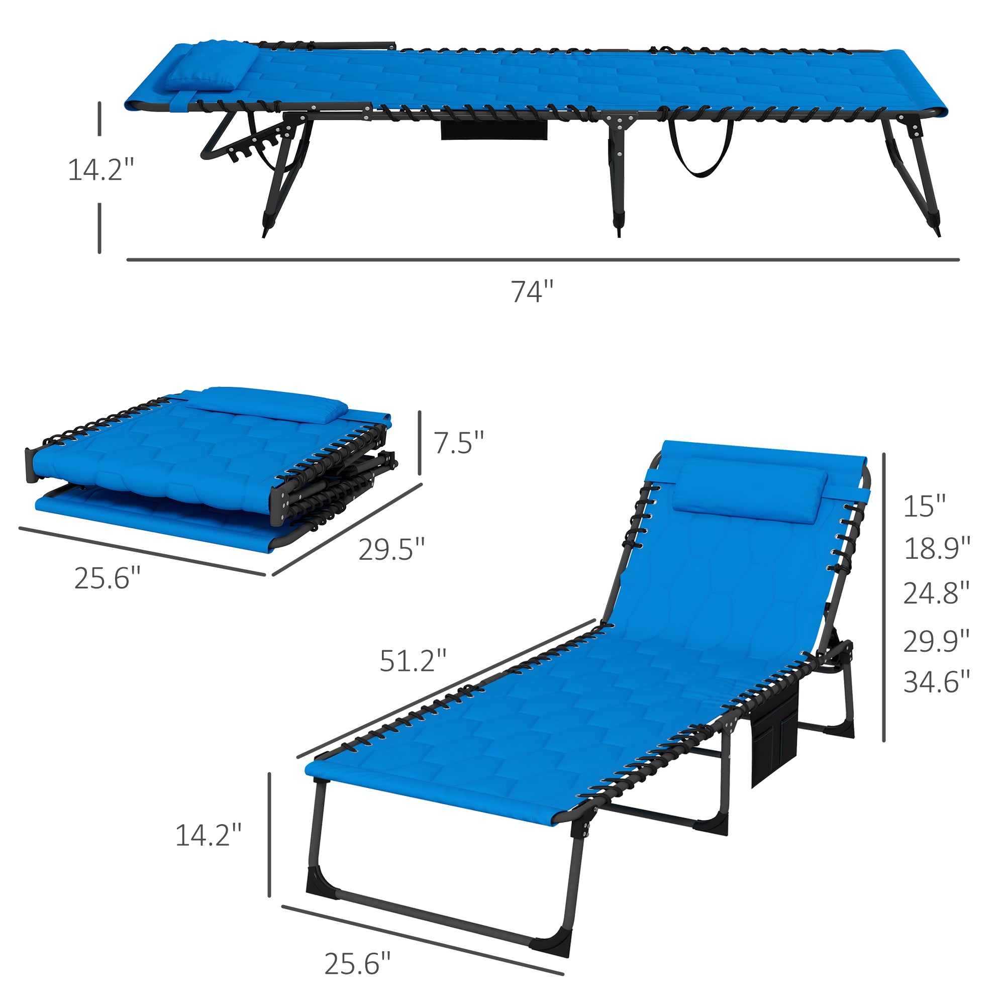 Folding Chaise Lounge Set with Reclining Back, 25.6" x 74" x 14.2"