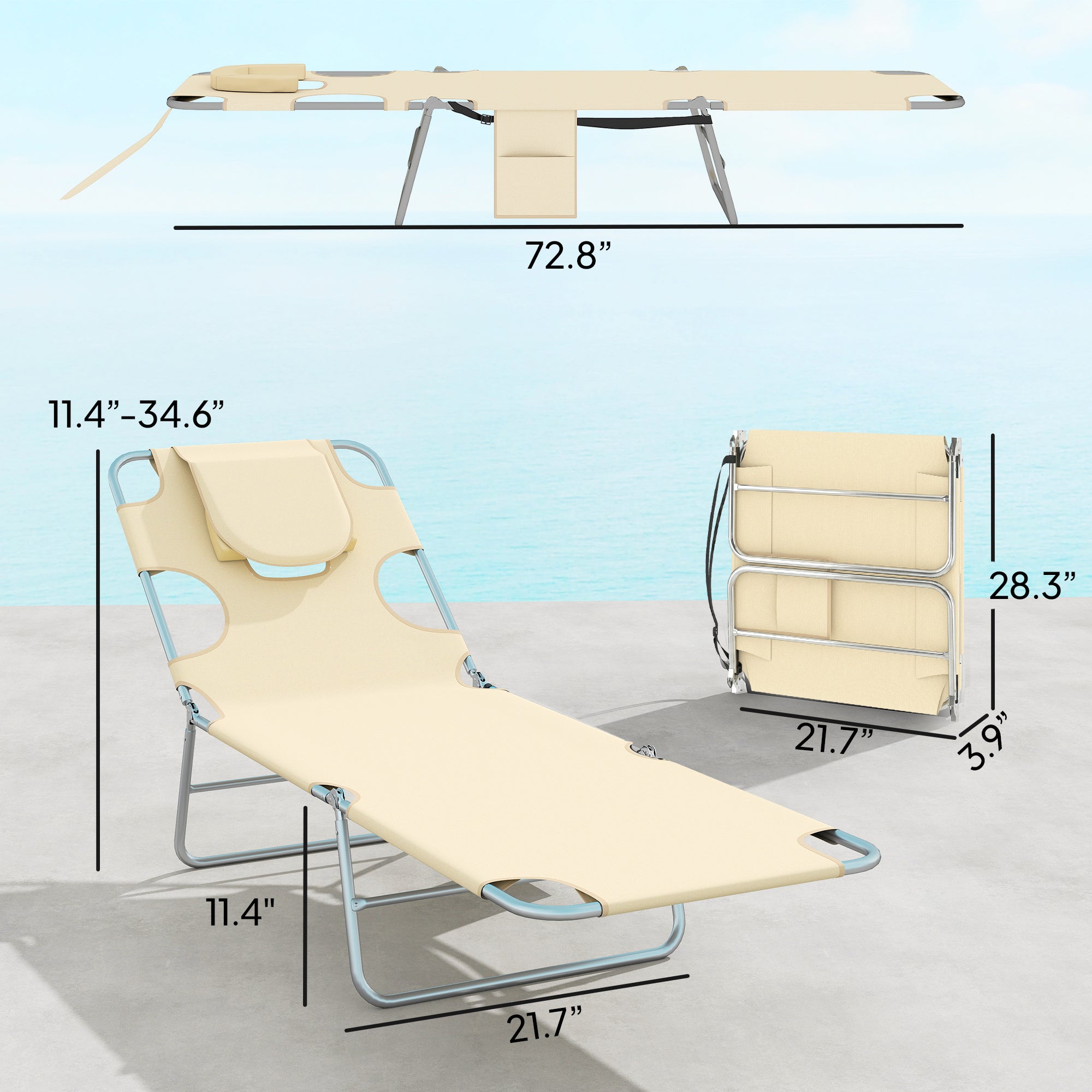 2 Tanning Chairs with Face Hole, 5-Level Adjustable Outdoor Chaise Lounge Chair with Pillow for Beach, Pool