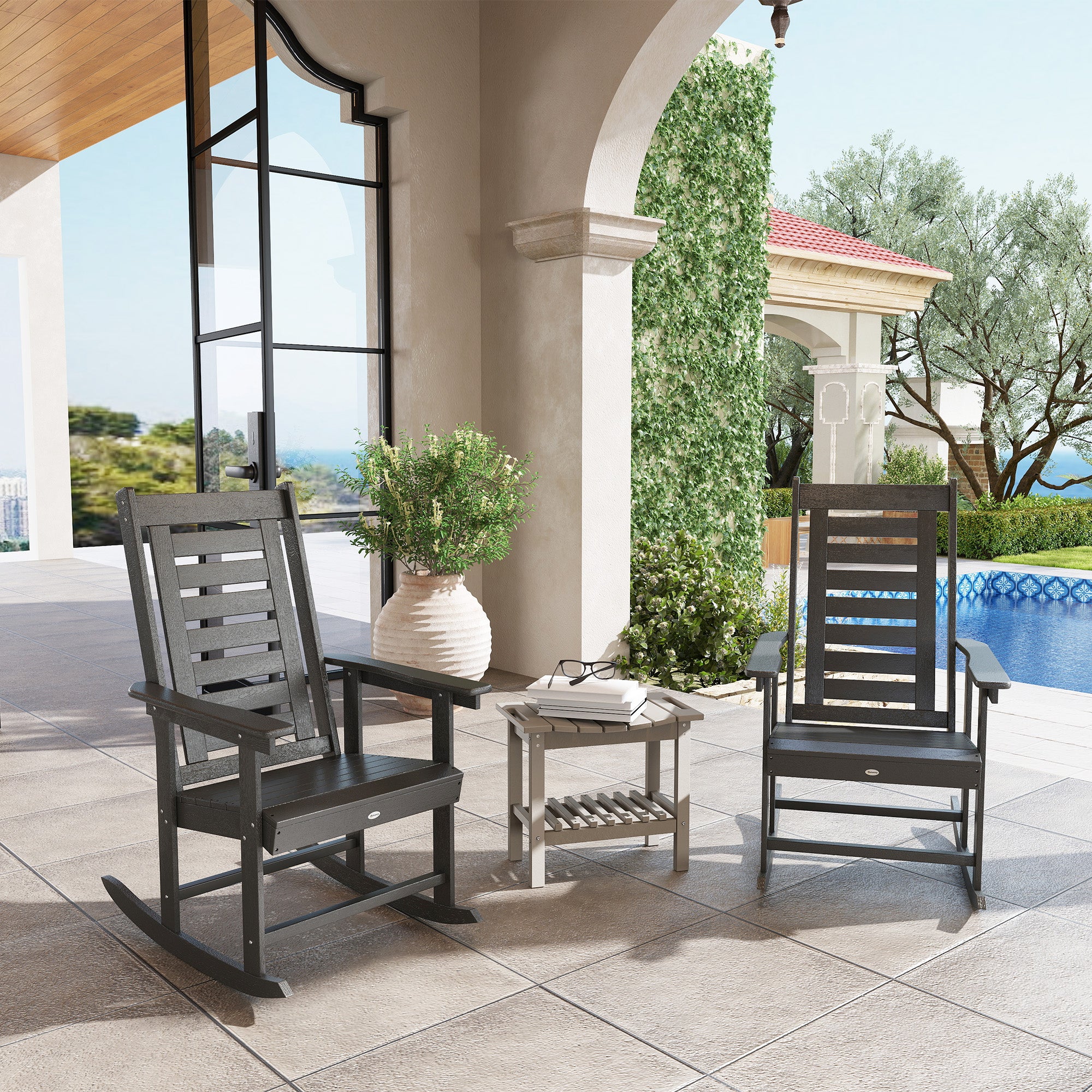 2 Pieces Outdoor Rocking Chairs, HDPE Patio Rockers with 28" High Back, Wide Armrests for Porch Backyard