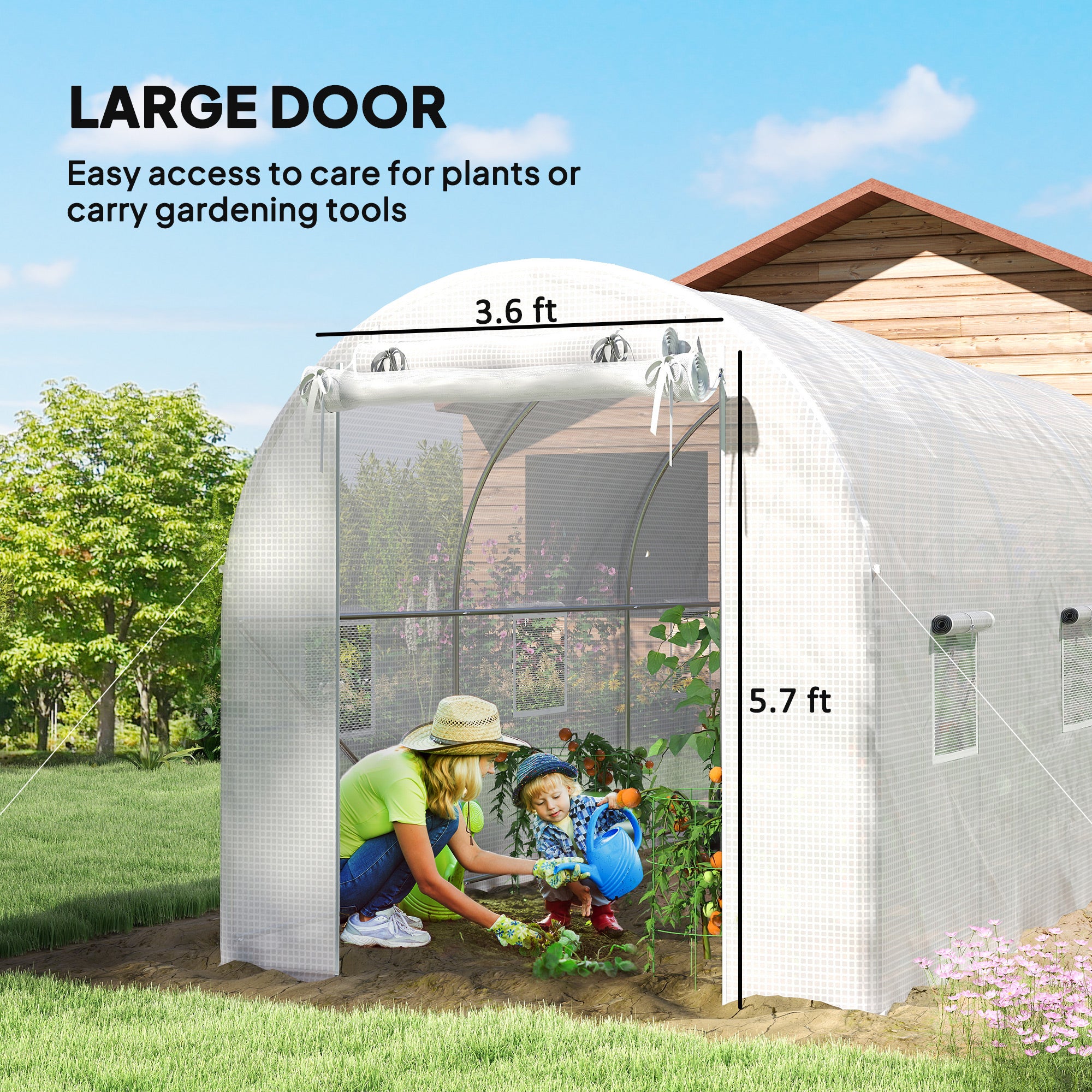 Hoop House Greenhouse, Walk-in Tunnel Greenhouse with 2 Support Rods, Zippered Roll-up Mesh Door, 14.6'x6.5'x6.6'