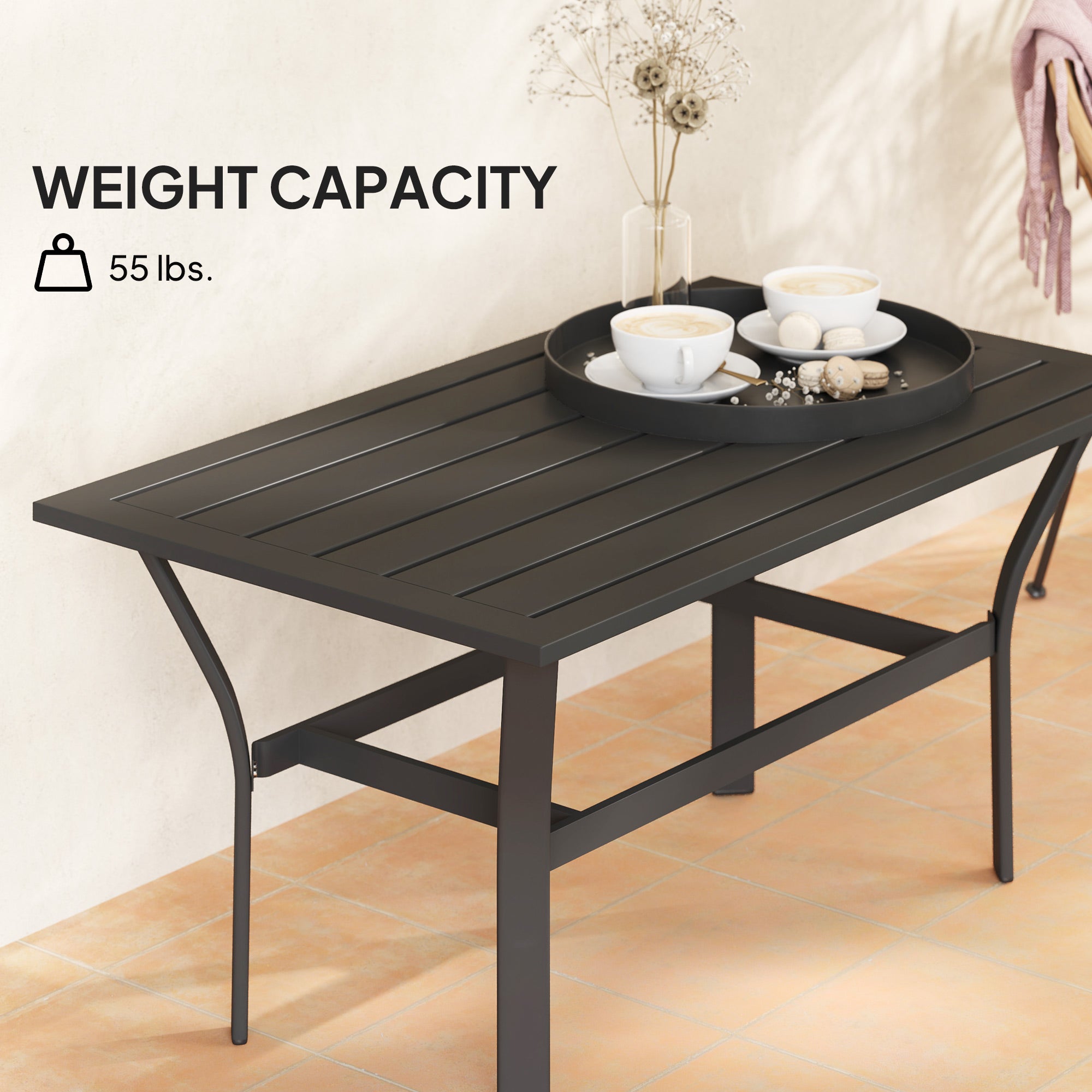 Outdoor Coffee Table with Slatted Tabletop, All-Weather Rectangle Metal Patio Coffee Table for Garden