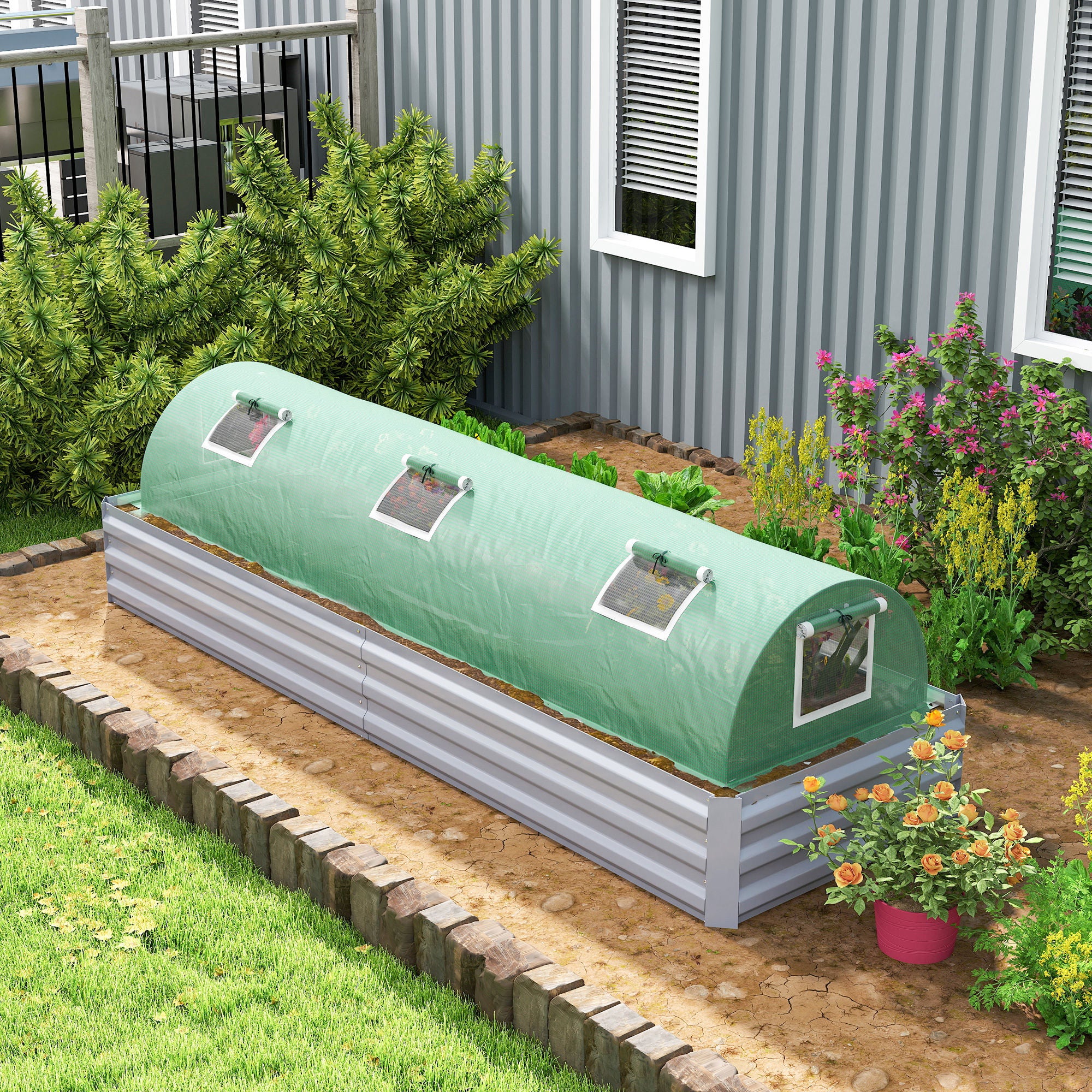 Mini Greenhouse with 5 Mesh Windows, Portable Plant Hot House with PE Cover and Steel Frame, 10' x 3' x 2' , Green
