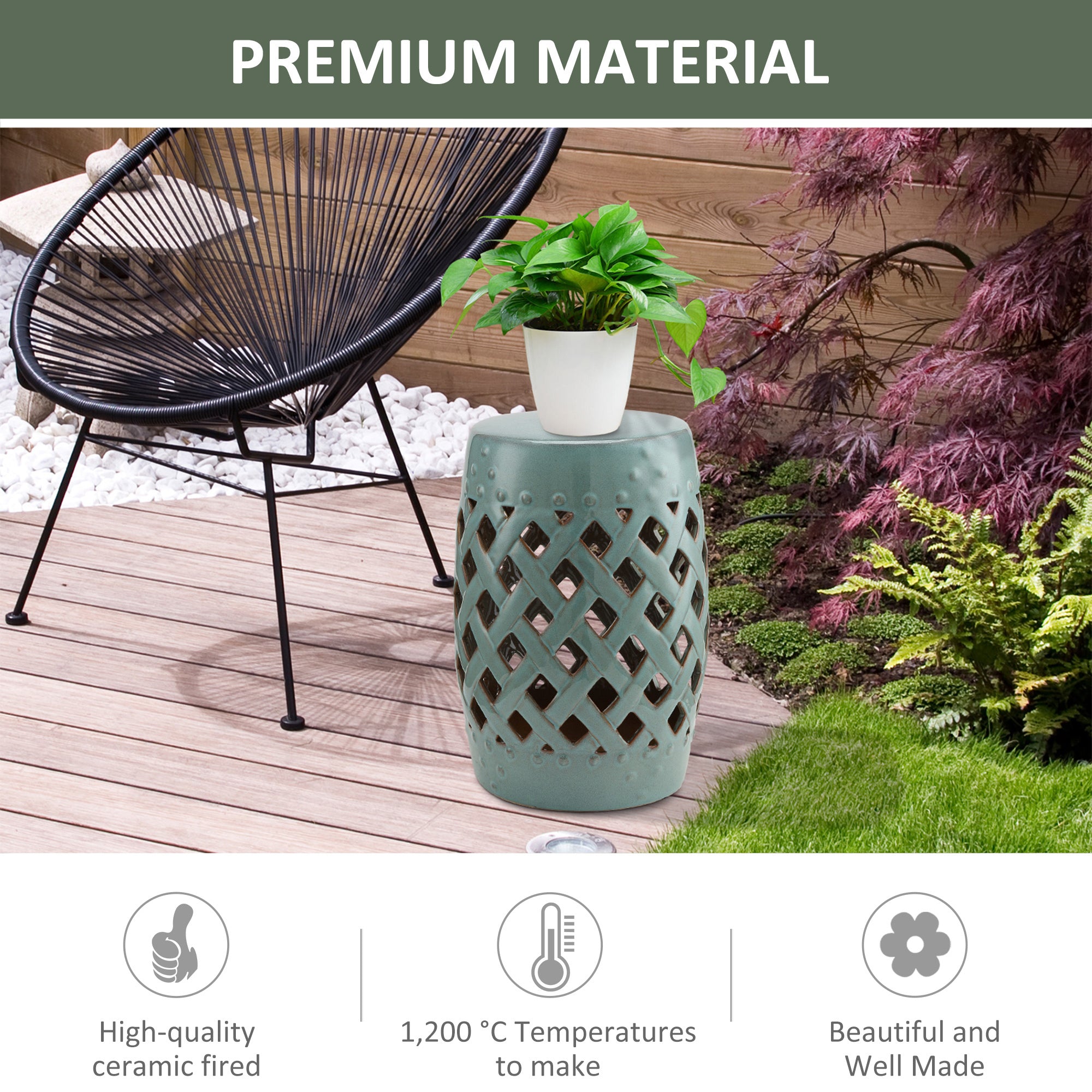 13" x 18" Ceramic Garden Stool with Woven Lattice Design & Glazed Strong Materials Decorative Outdoor Stool