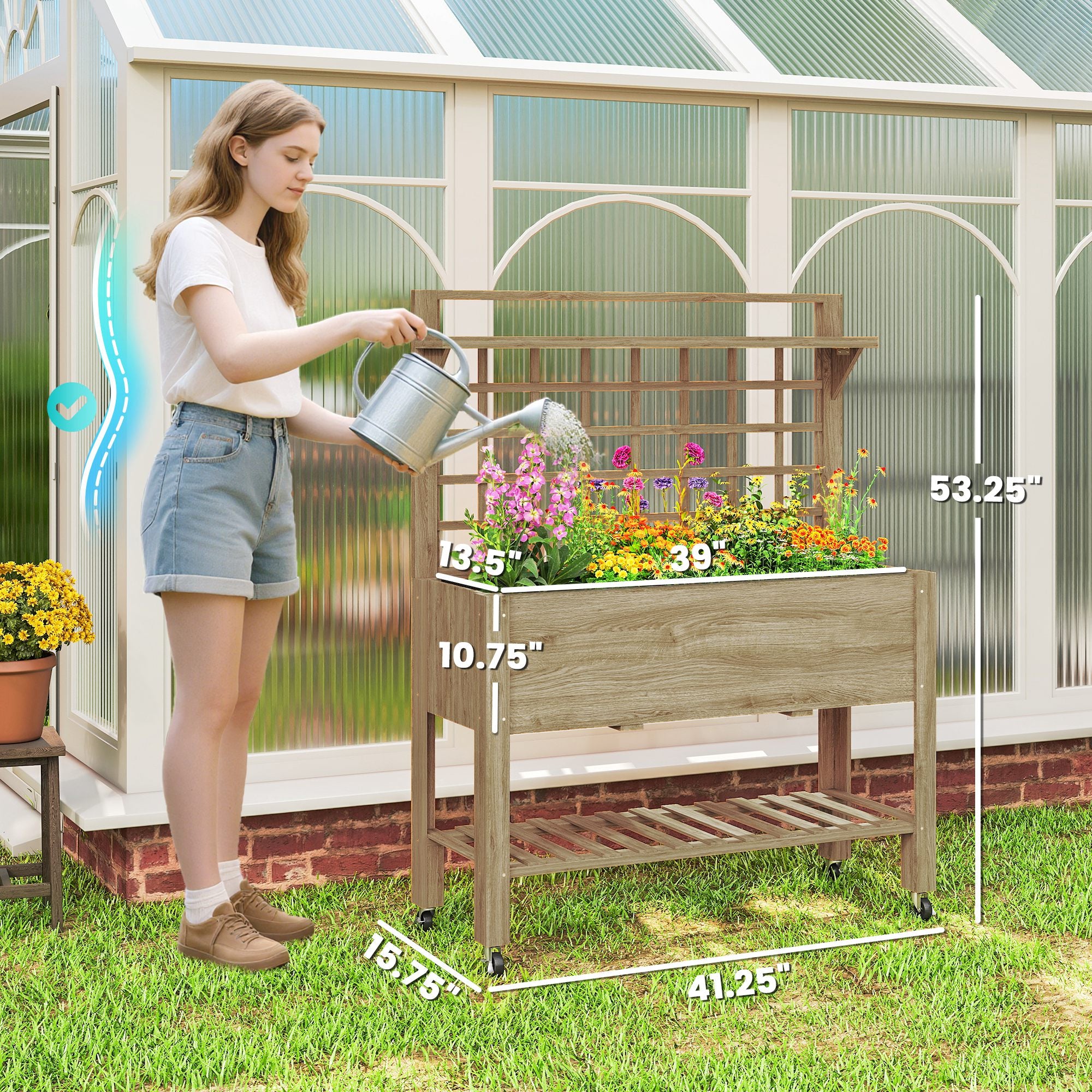 41" Raised Garden Bed Mobile Elevated Wooden Planter Box Stand with Wheels, Trellis and Storage Shelf