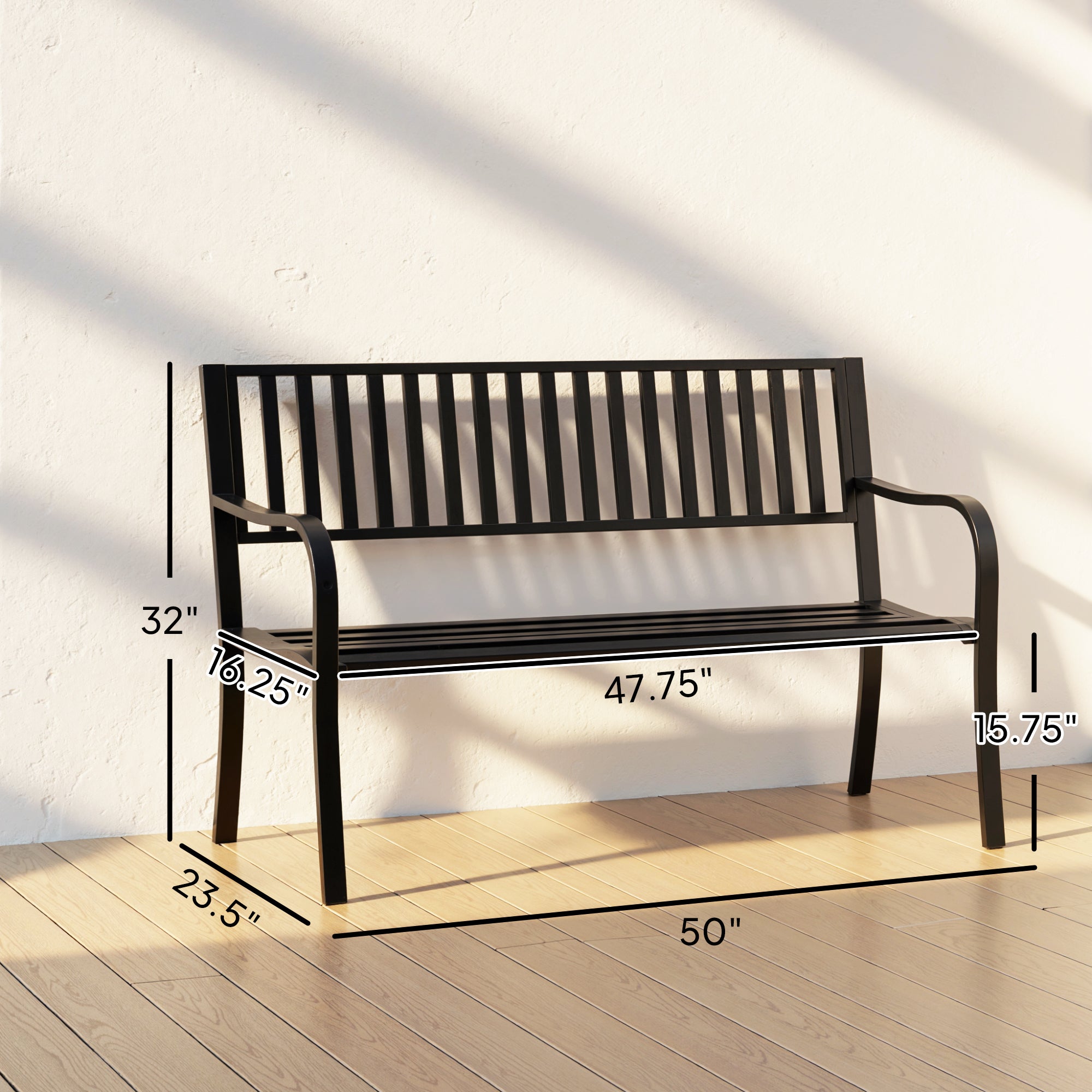 50" Outdoor Garden Bench, Patio Bench with Slatted Seat, Metal Porch Bench for Backyard, Poolside, Lawn, Black
