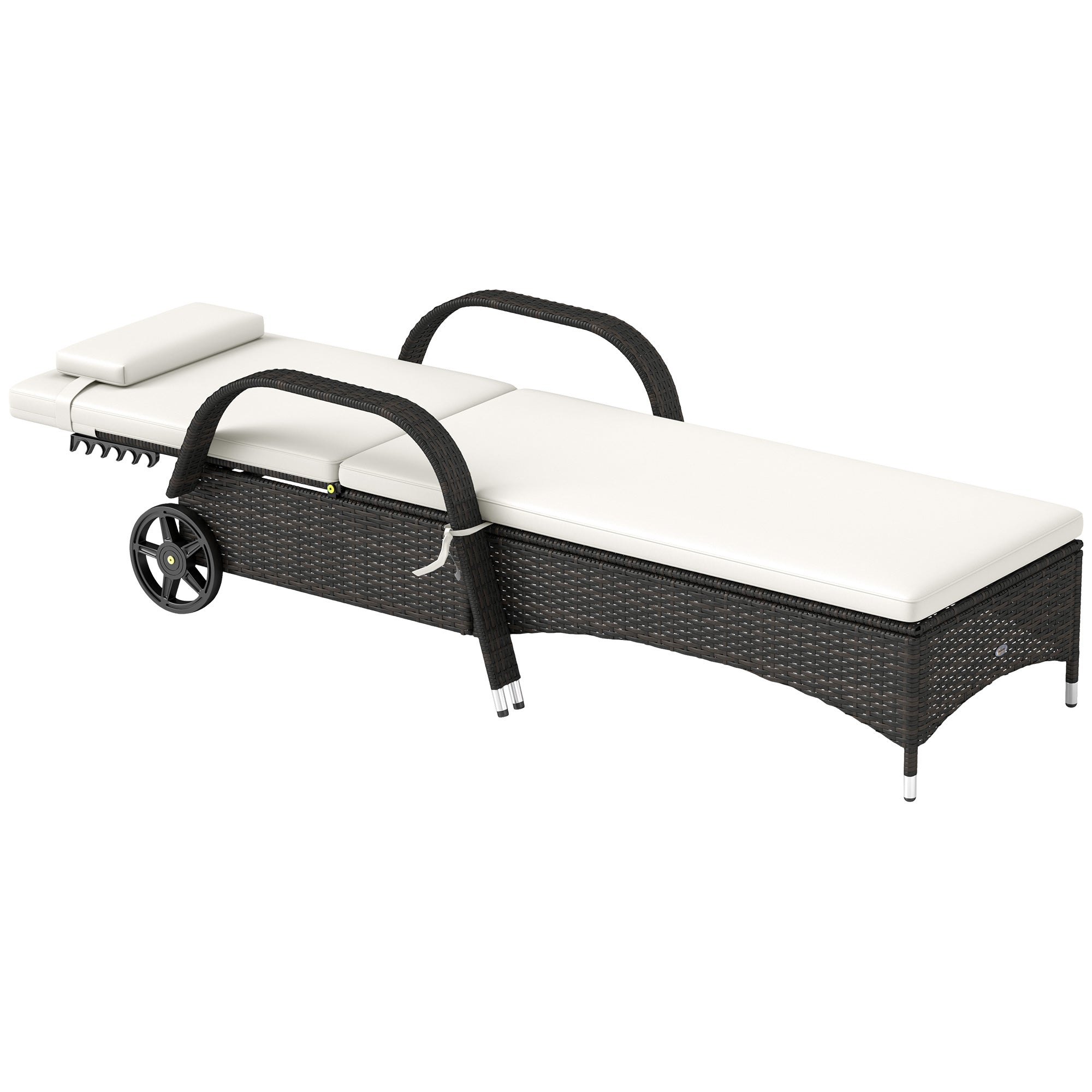 Outdoor Chaise Lounge, 5-Level Adjustable Backrest Rattan Pool Lounge Chair with Wheels, Cushion & Headrest