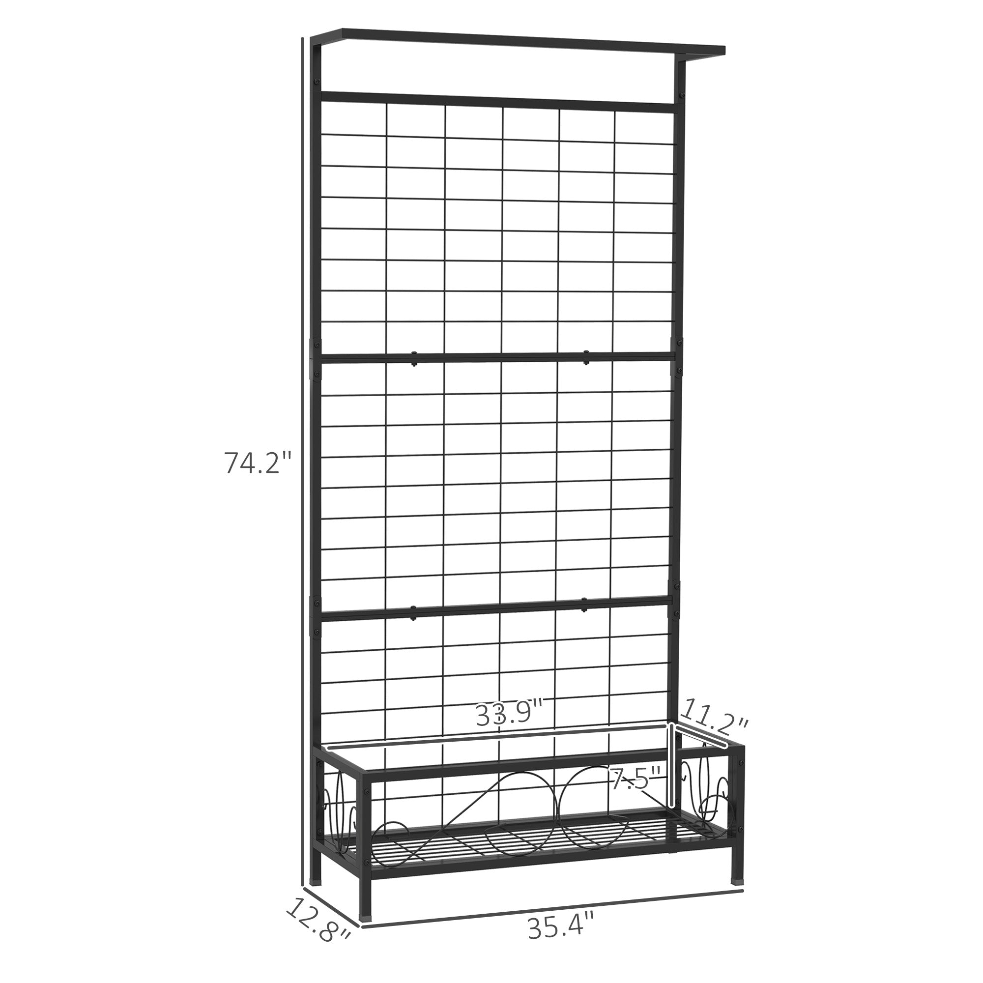 Metal Tall Plant Stand with Trellis and Hanging Bar, Plant Holder for Indoor Outdoor Use, 35" x 12.8" x 74"