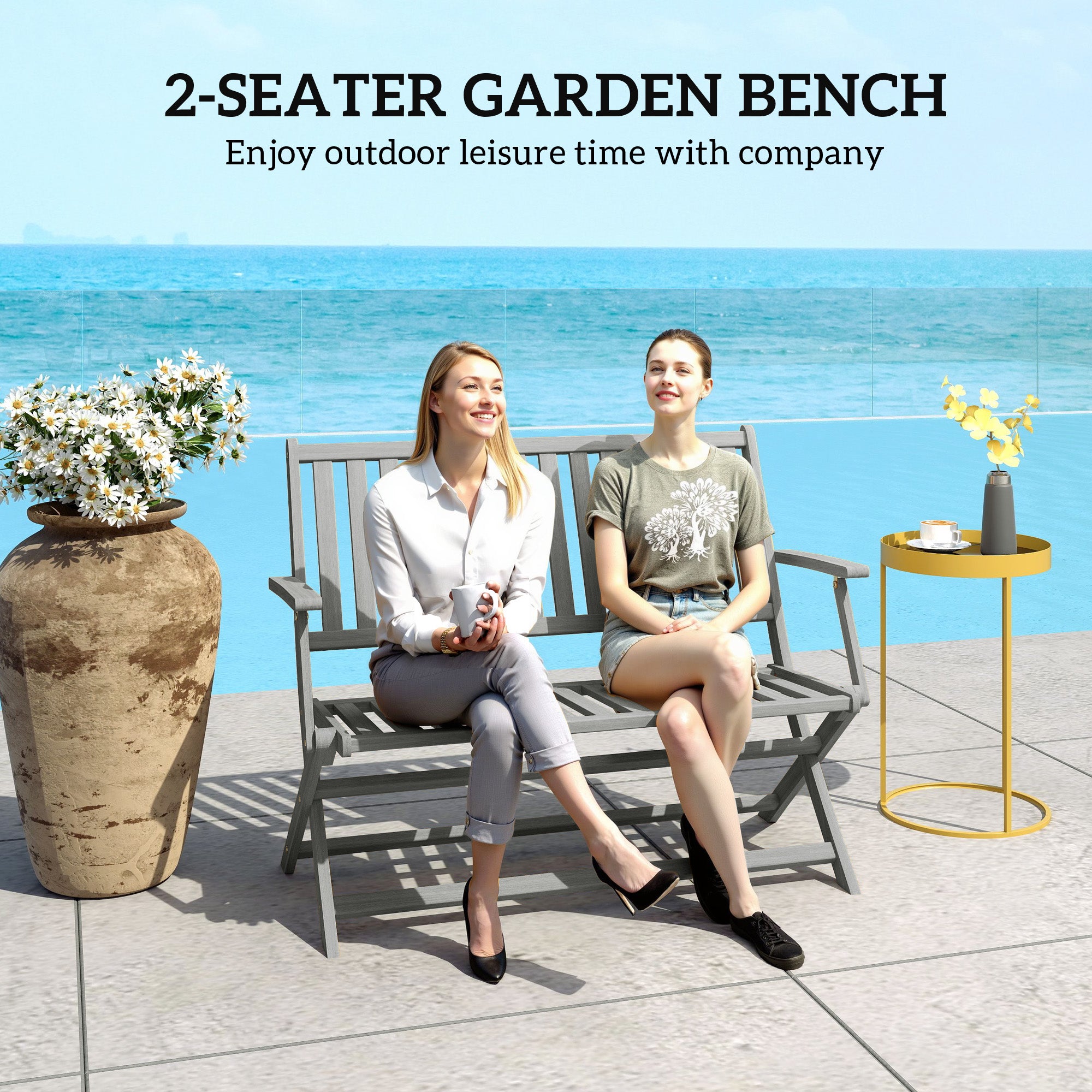 2-Person Foldable Wood Outdoor Bench with Backrest and Armrests for Garden, Porch, Park, Balcony, Gray