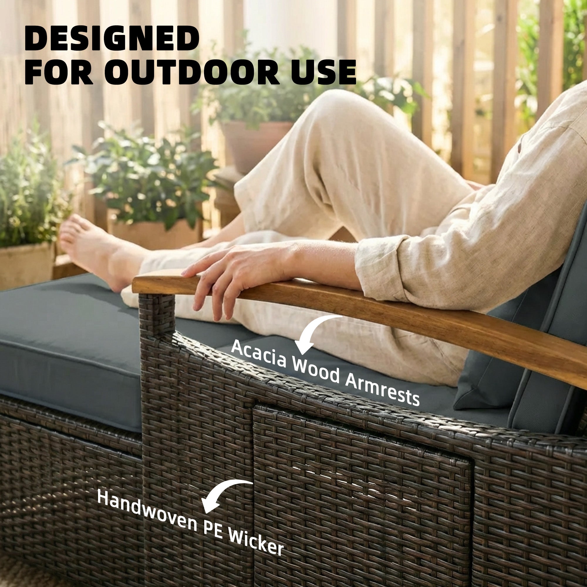 Rattan Outdoor Daybed w/4-Level Adjustable Backrest, Patio Sofa Bed w/Storage Ottoman, Acacia Wood Armrest