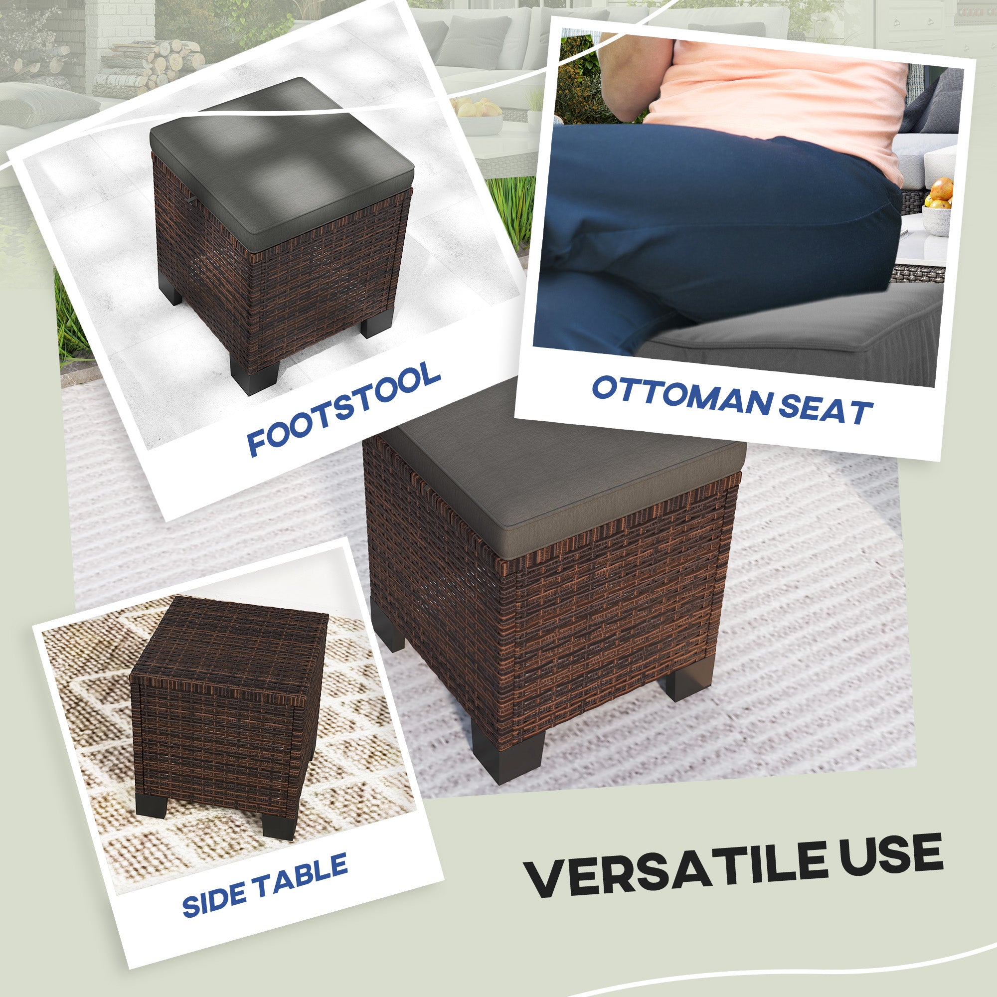 2 Piece Wicker Outdoor Ottomans with Cushions, Rattan Ottoman Footrest and Side Table for Patio, Yard, Poolside