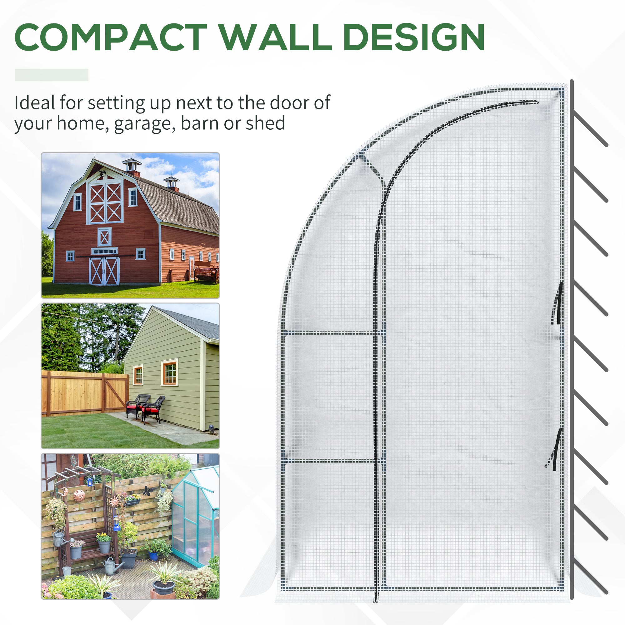 7' x 4' x 7' Outdoor Lean to Greenhouse, Walk-In Green House Plant Nursery with Roll-up Window, PE Cover, White