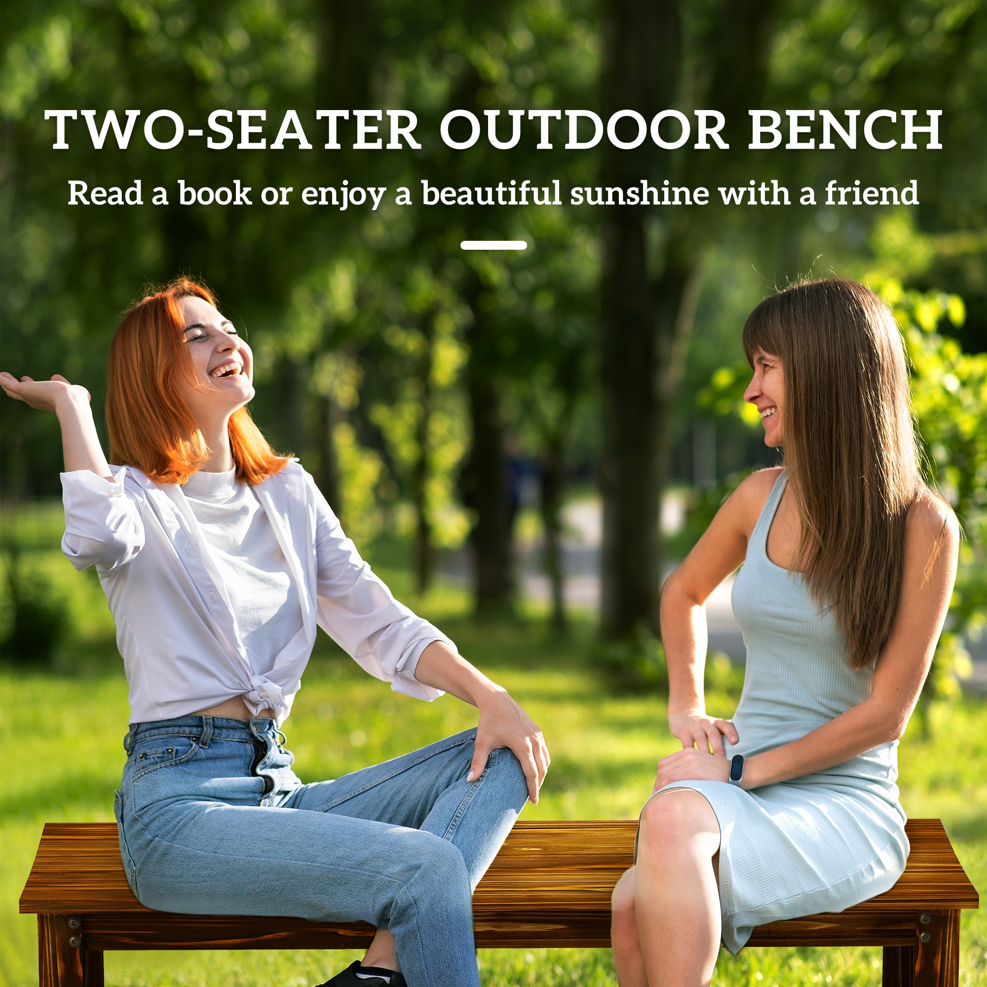 2-Seat Wood Garden Bench, Patio Bench Outdoor Bench with Slatted Seat, Backless Front Porch Bench for Park, Garden, Poolside, Deck