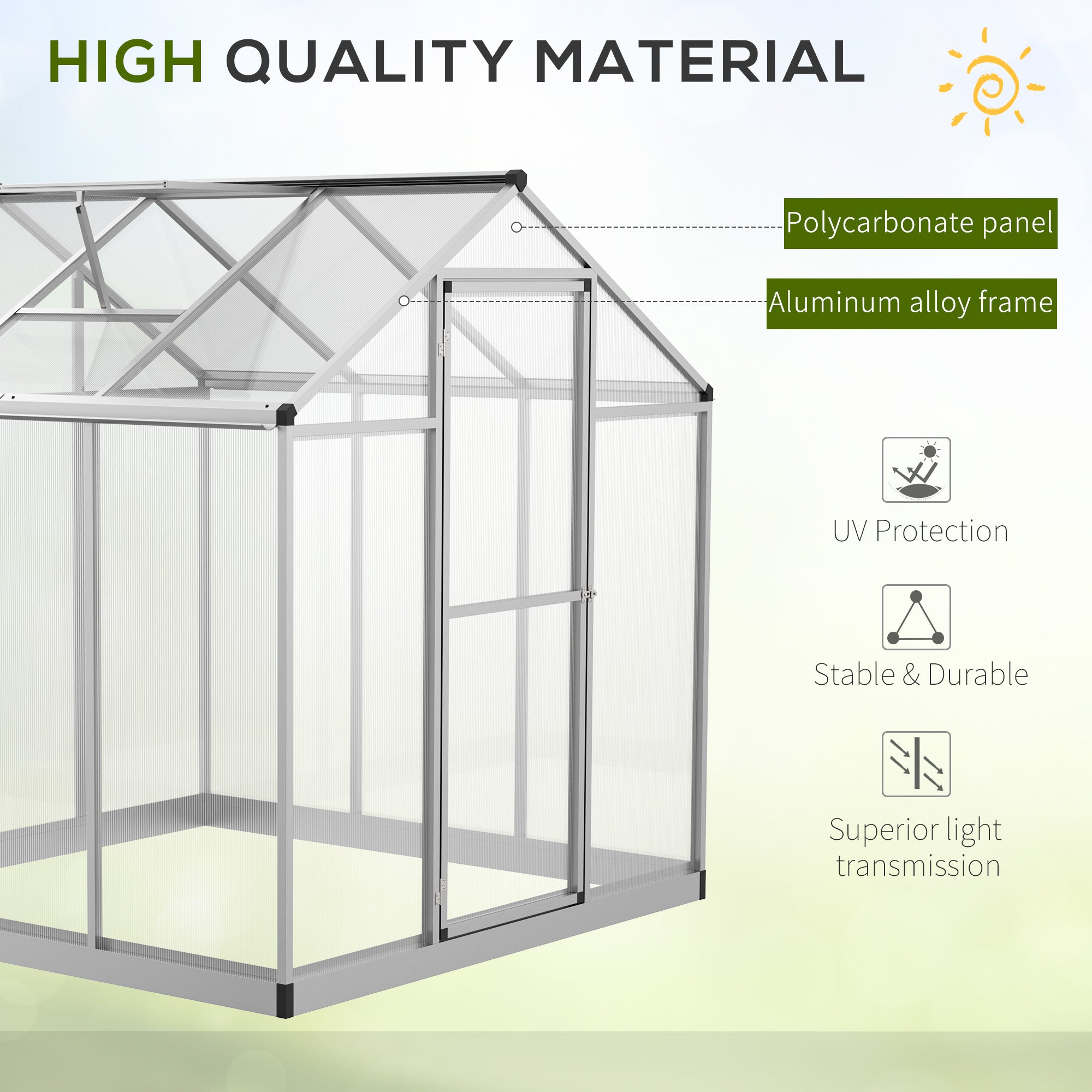 6' L x 6' W Walk-In Polycarbonate Greenhouse with Roof Vent for Ventilation & Rain Gutter for Winter