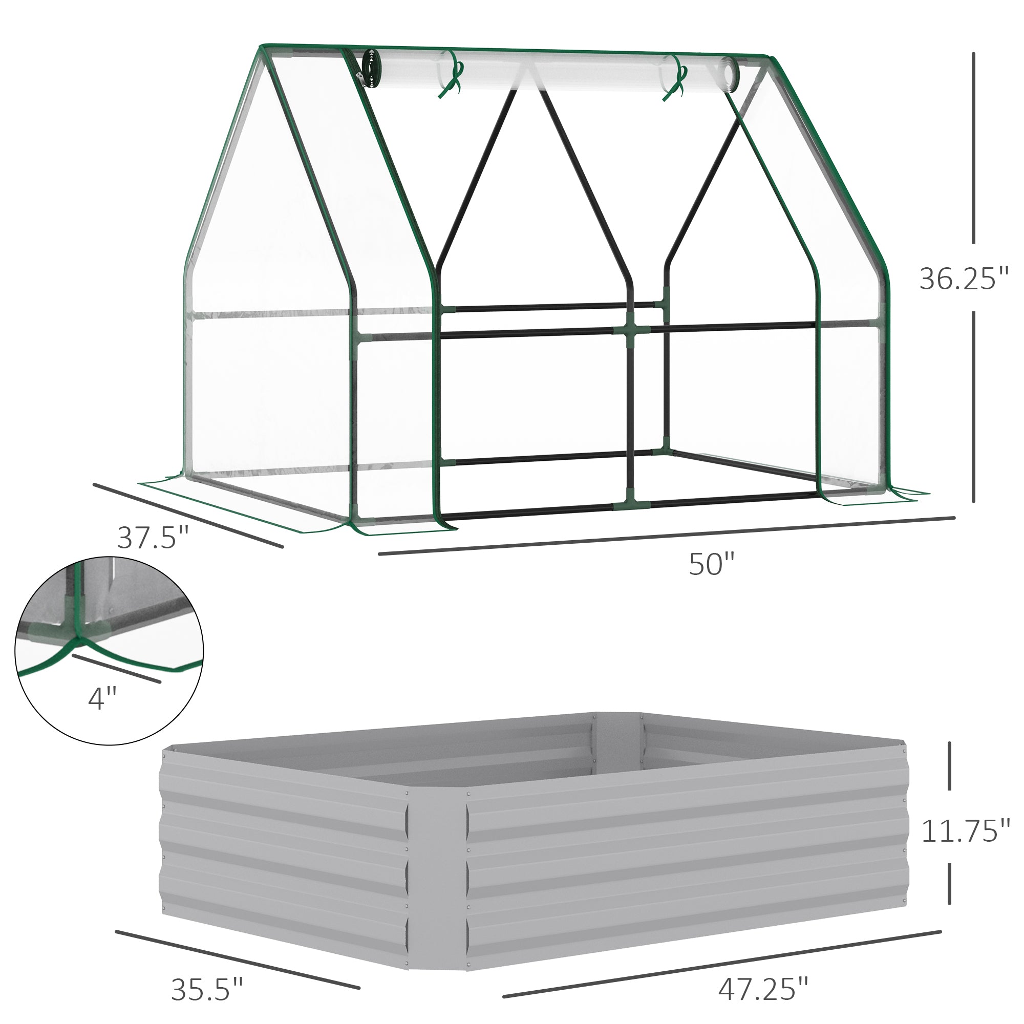 Raised Garden Bed with Cover, Outdoor Galvanized Metal Planter Box Kit, 4 x 3 ft Mini Greenhouse with 2 Large Screen Windows, for Growing Flowers, Vegetables and Herbs