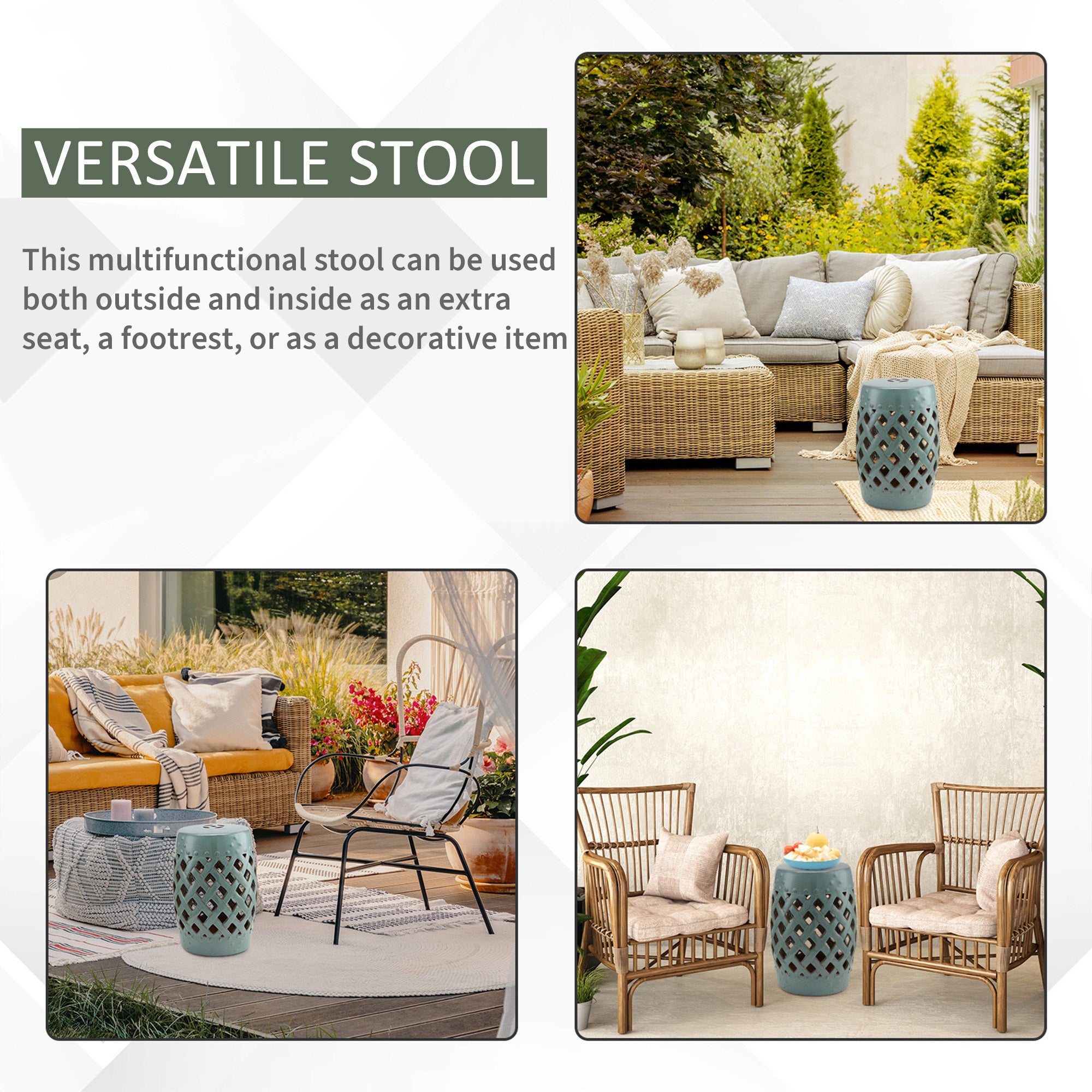 13" x 18" Ceramic Garden Stool with Woven Lattice Design & Glazed Strong Materials Decorative Outdoor Stool