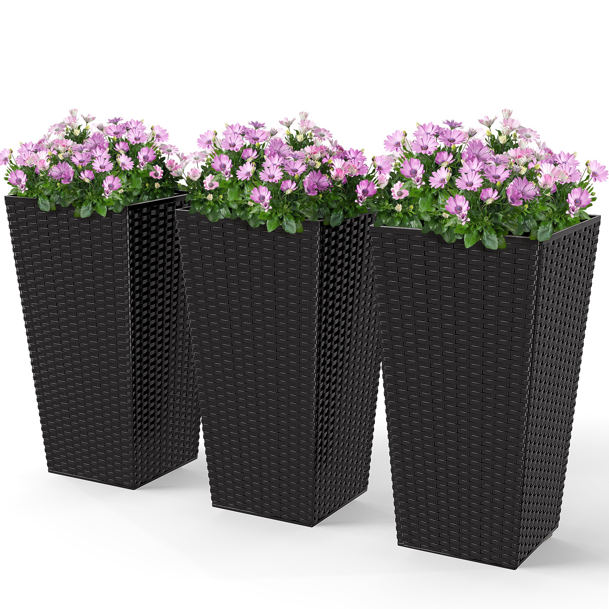 Set of 3 Tall Planters with Drainage Hole, 24" Outdoor Flower Plant Pots, Indoor Planters for Porch, Front Door, Entryway, Patio and Deck