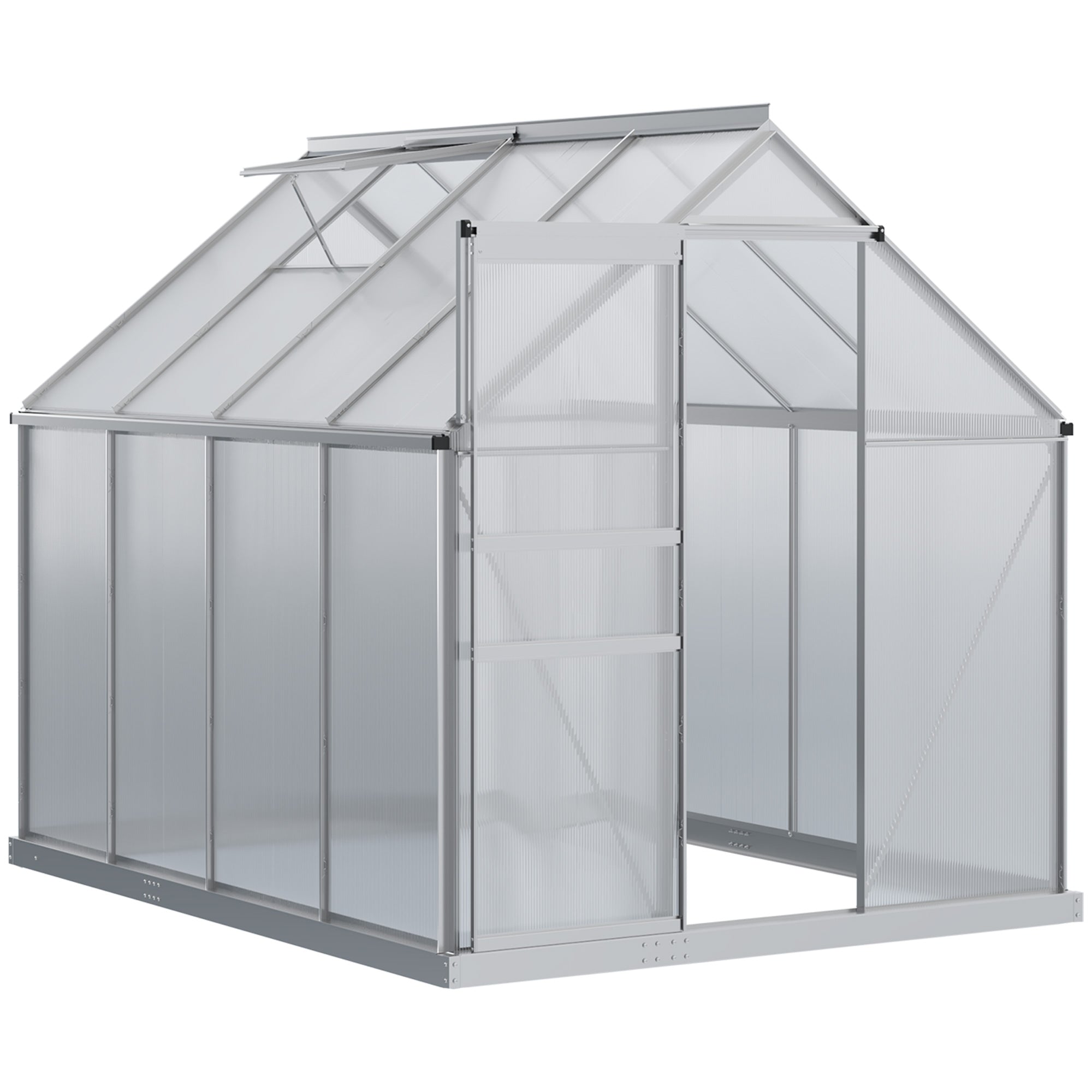 8' x 6' Aluminum Outdoor Greenhouse, Polycarbonate Walk-in Garden Greenhouse Kit with Adjustable Roof Vent, Rain Gutter and Sliding Door for Winter, Silver