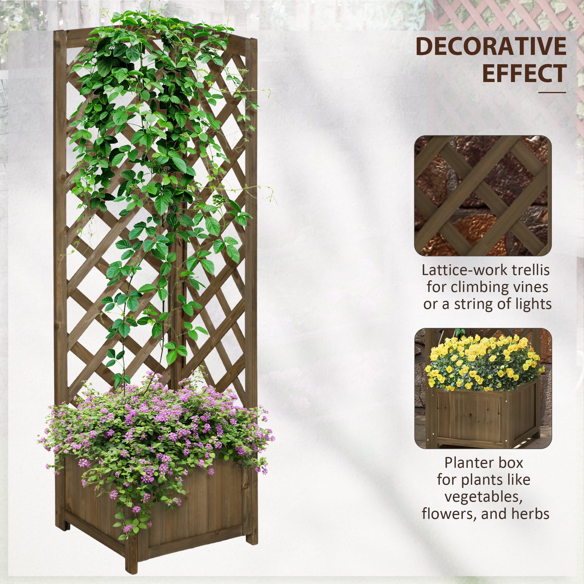 Wooden Raised Garden Bed, Planter with Trellis for Vine Climbing and Vegetables, Herbs and Flowers Growing