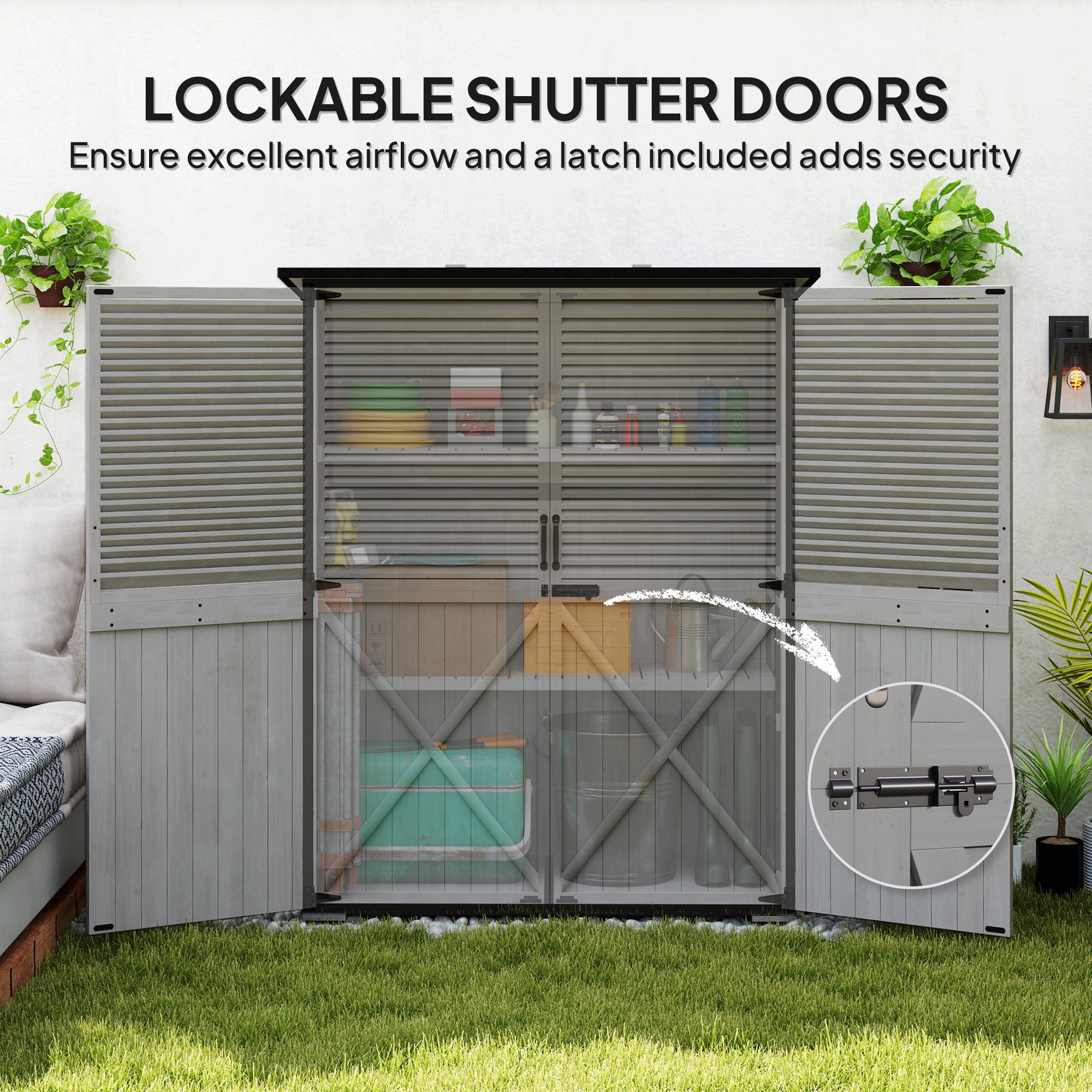 Wood Storage Shed, Outdoor Garden Shed with Asphalt Roof, 2 Shelves, Lockable Doors and Adjustable Feet