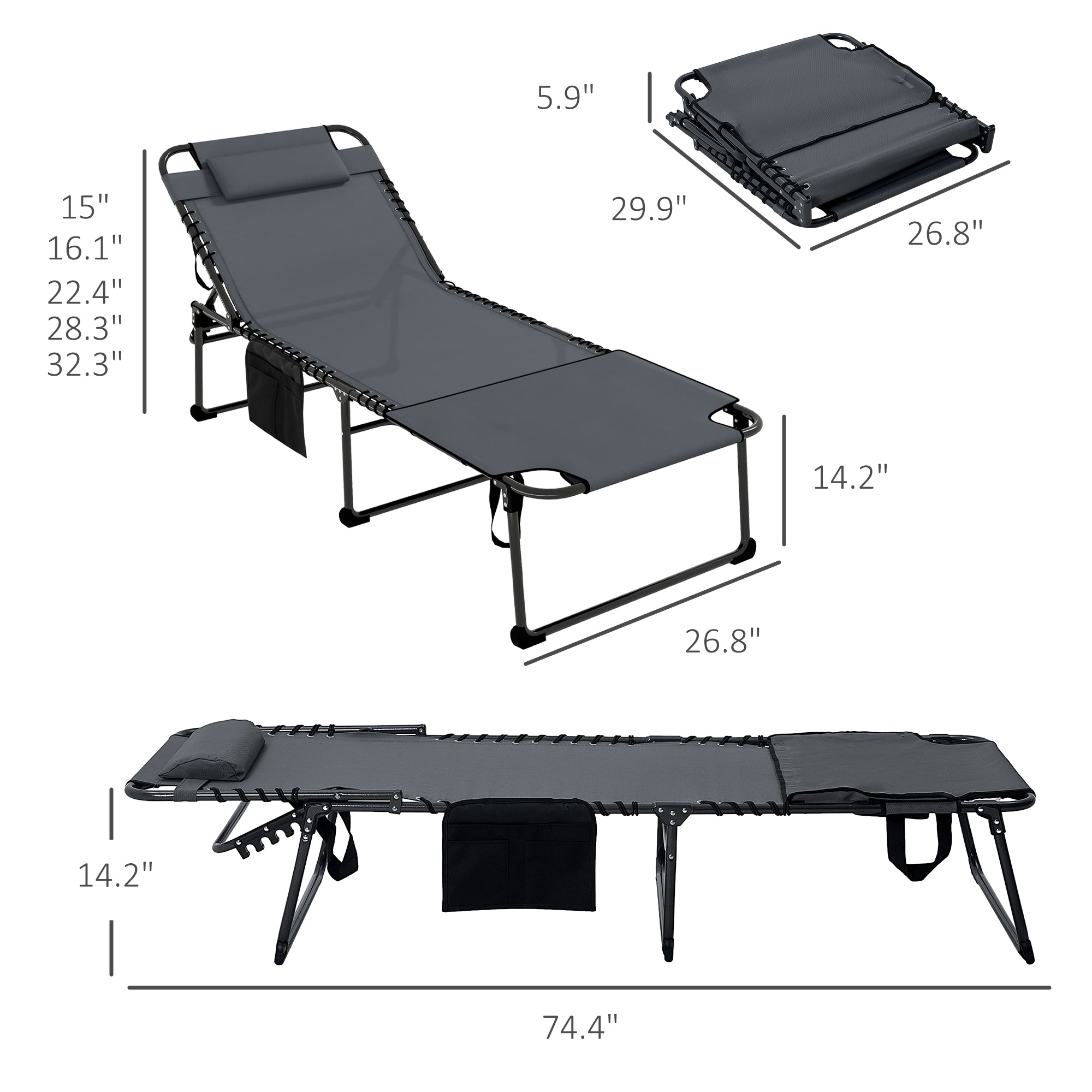 2 Piece Folding Chaise Lounge Pool Chairs with 5-level Reclining Back, Reading Hole, Side Pocket