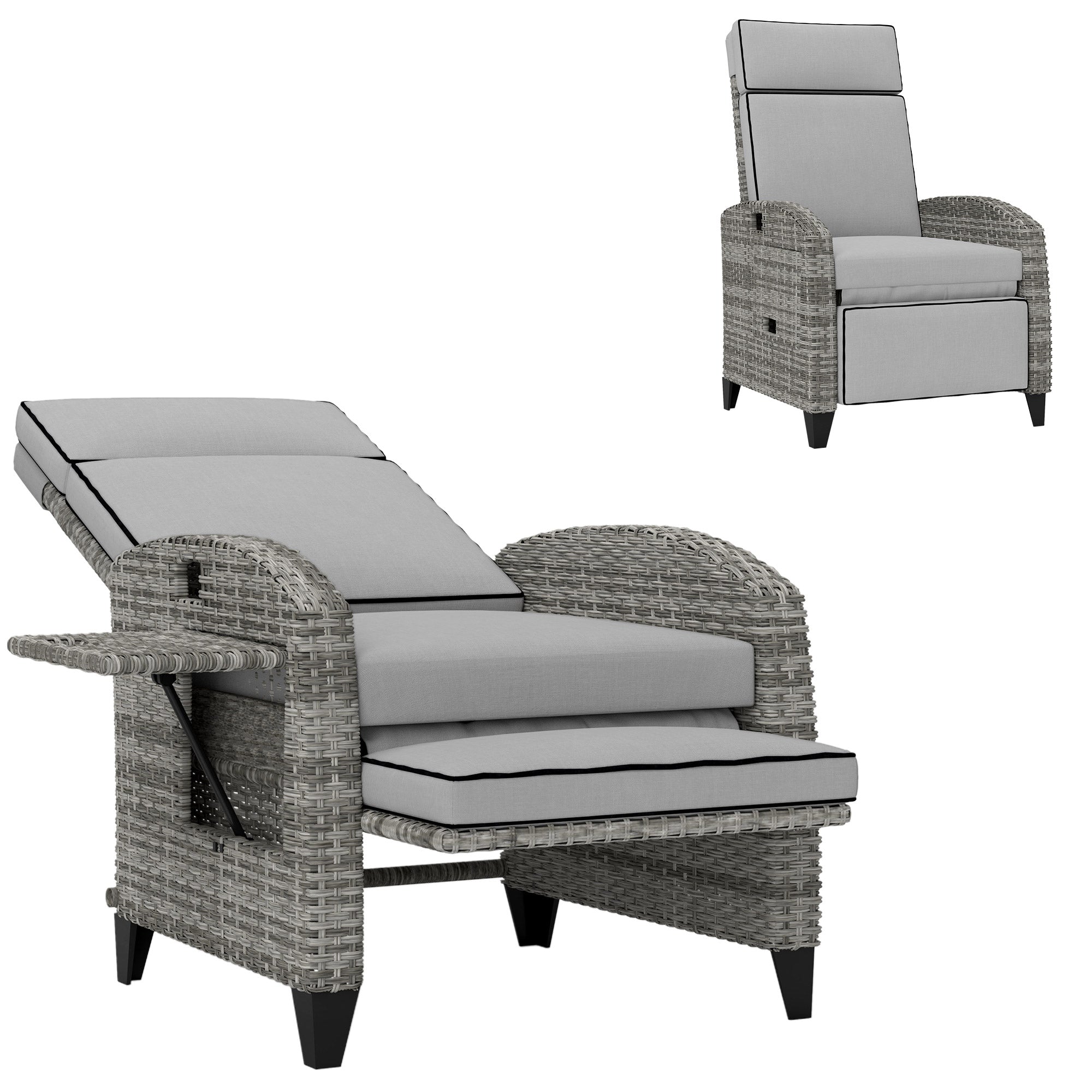 Outdoor Recliner Chair with Cushions, Reclining Patio Lounge Chair with Adjustable Footrest, Armrests, Tray Table