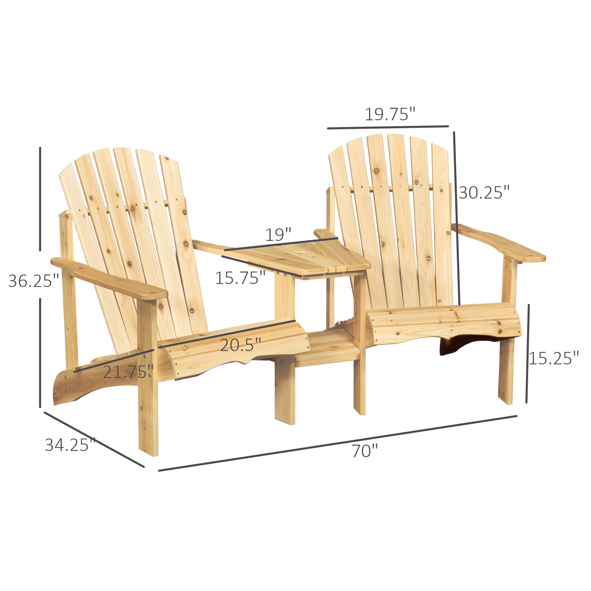 Fire Pit Seating, 2 Wooden Adirondack Chairs with Outdoor Table & Umbrella Hole, Wood 2 Person Adirondack Bench