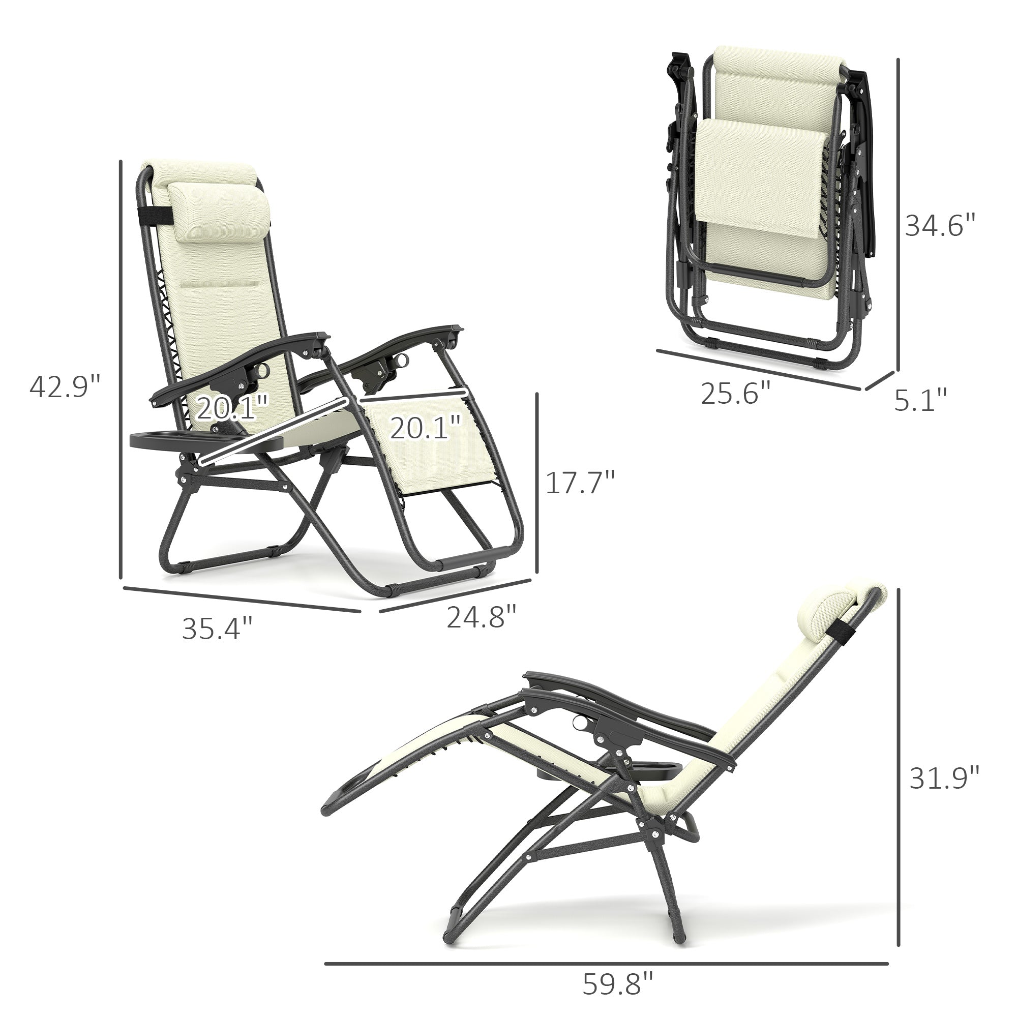 Zero Gravity Lounge Chair Set, 2 Pieces Reclining Folding Outdoor Lounge Chairs with Headrest Side Tray